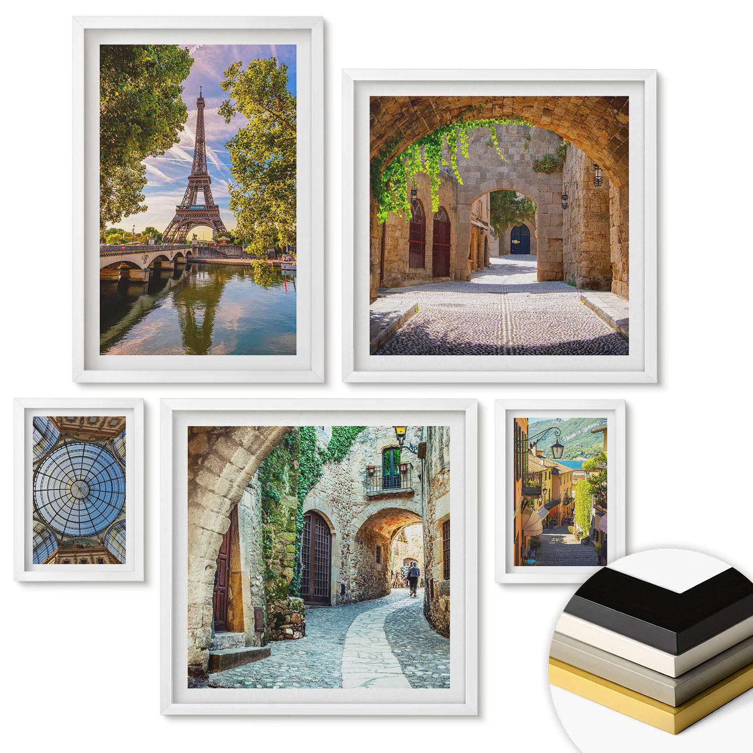 WANDBILDER 5er-Set - 50x50 cm & 20x30 cm & 40x60 cm Weißer Rahmen - Grüne, saftige Blätter - Weiß, Kunststoff (40/60cm) - ArtPrintCave