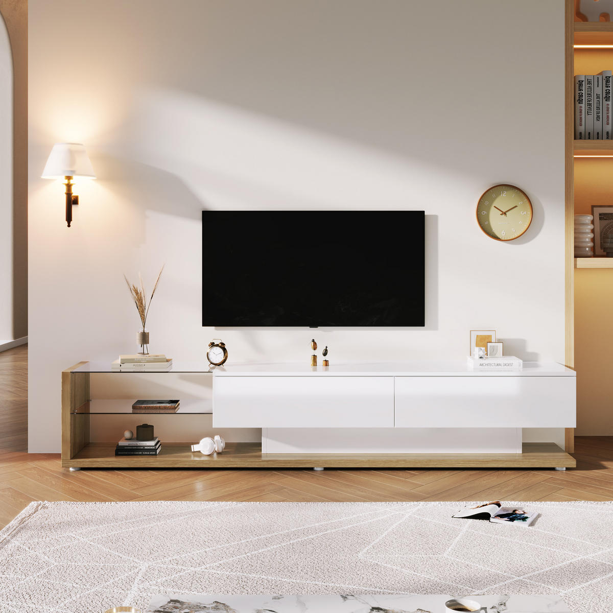 TV ormarić 170/36/38 cm bijeli od iverala s LED rasvjetom i staklenim policama - bijela, drvni materijal (170/38/36cm) - OKWISH