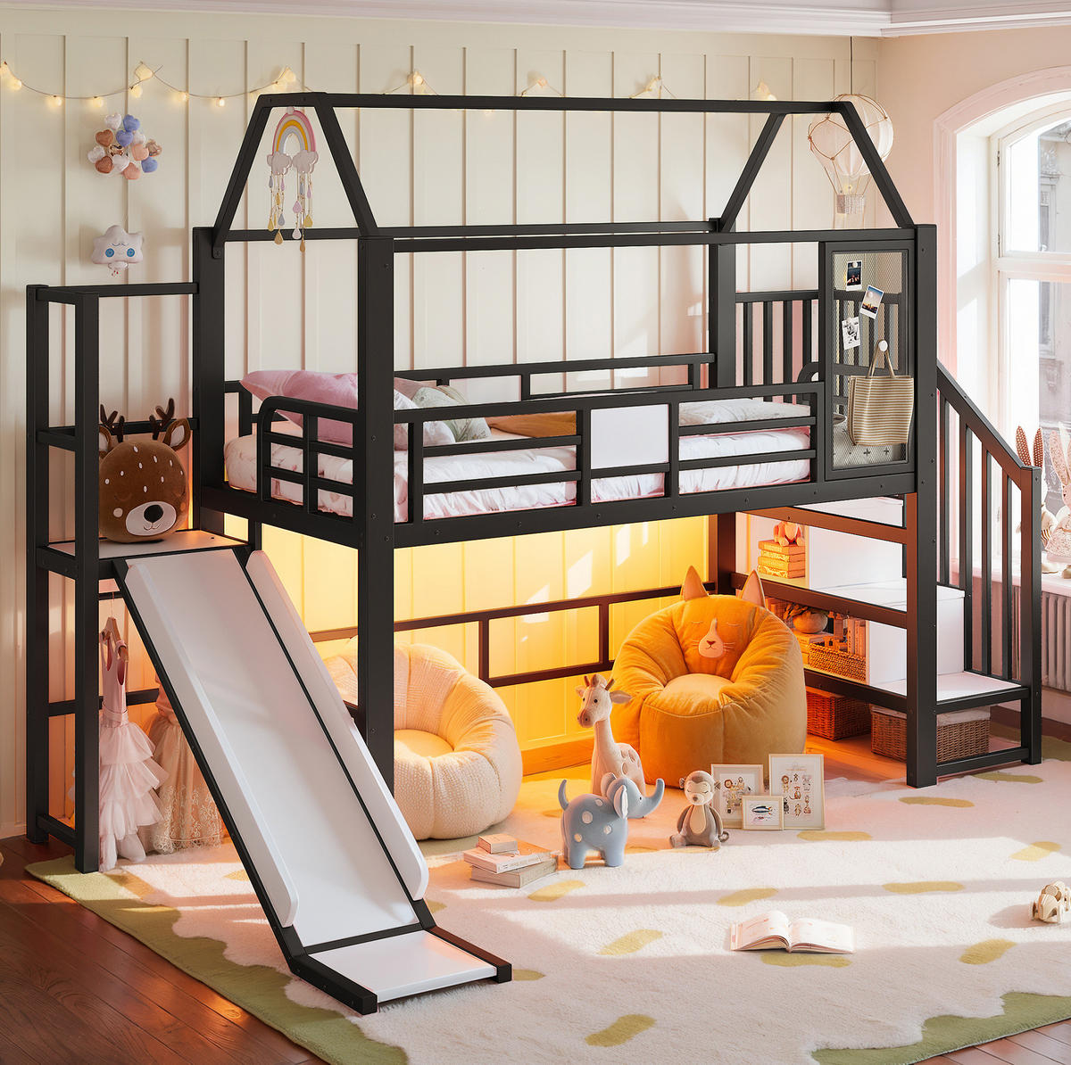 KINDERHOCHBETT MDF & Metall 90x200 cm Schwarz mit Rutsche, Treppe, Stauraumfächern und LED-Beleuchtung - Schwarz, Holzwerkstoff (90/200cm) - Modfu