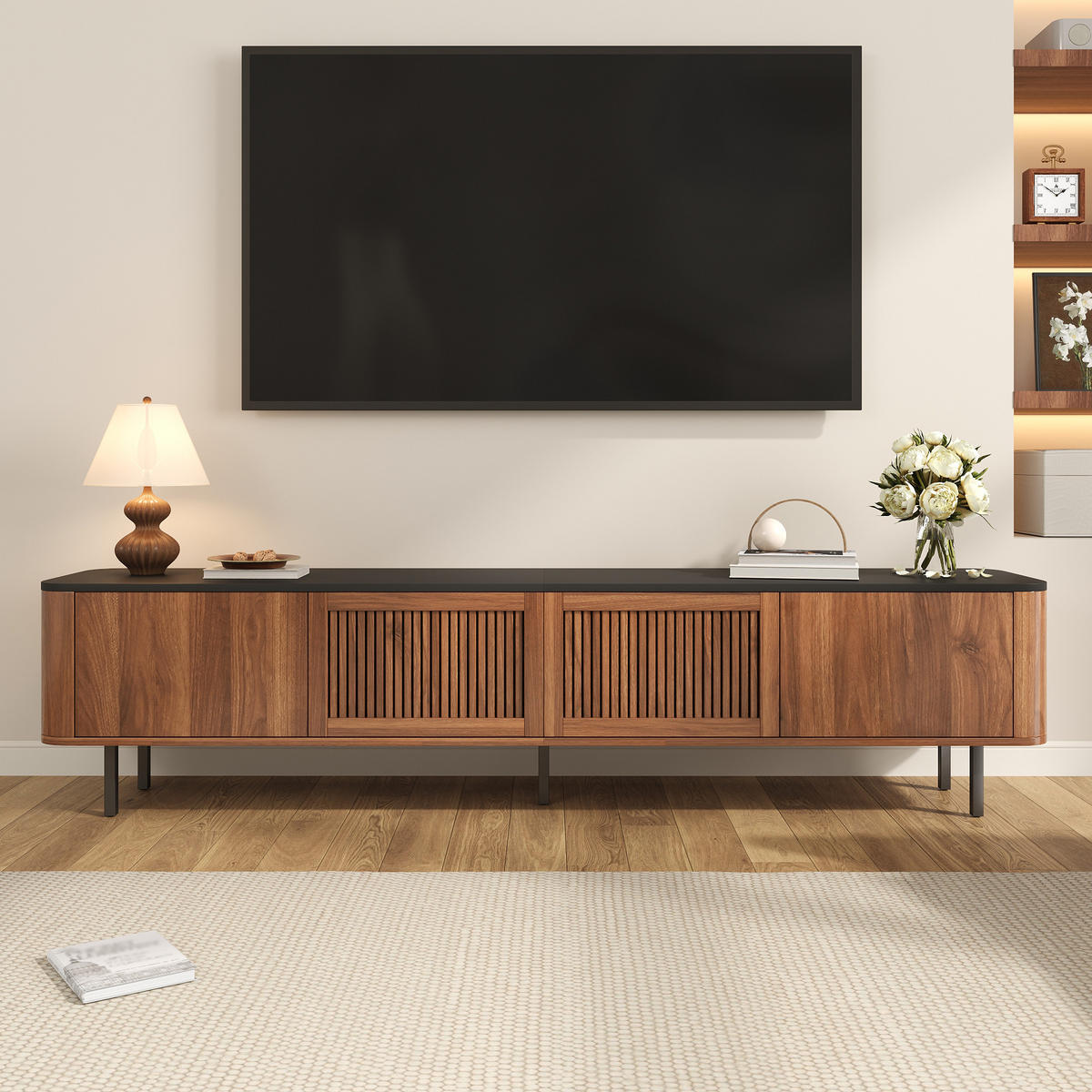 TV-SCHRANK 190cm modern niedrig TV-Ständer Design - Walnussfarben, Holzwerkstoff (35/45/190cm) - FLIEKS