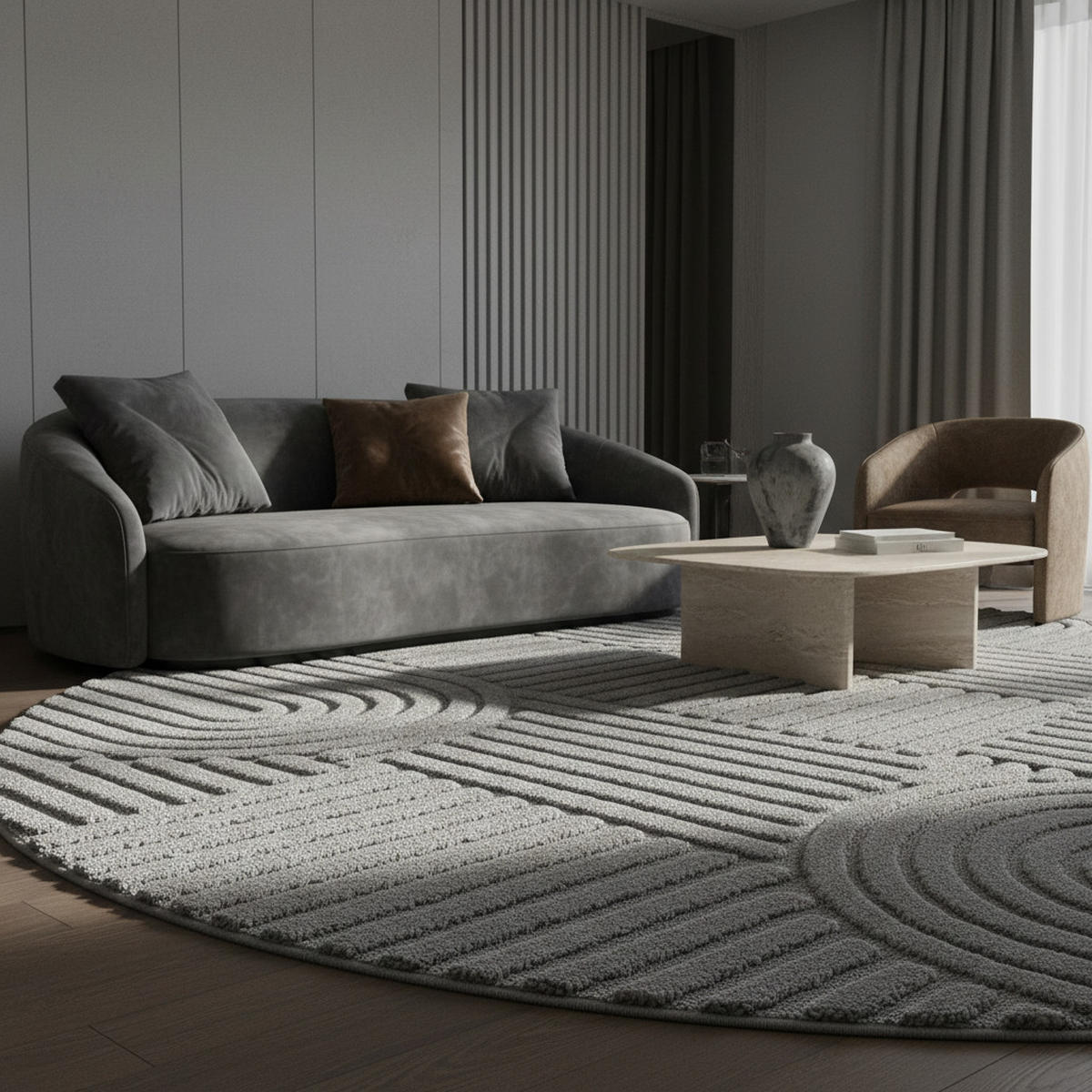 TEPPICH Esszimmer 3D Skandinavischer Boho Elegant Waschbar Wohnzimmer Rund Silber 200x200 cm – RIGI - Silberfarben, Textil (200/200cm) - KADIMA DESIGN