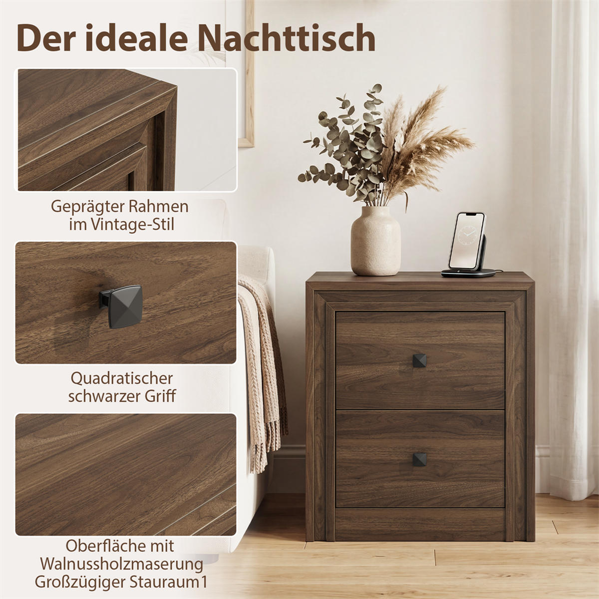 NACHTTISCH 46x39x53,5 cm mit 2 Schubladen und 2 schwarze Griffe - Mid-Century Design - Walnuss-Optik - Walnussfarben, Holzwerkstoff (38/53.5/48cm) - DELFA