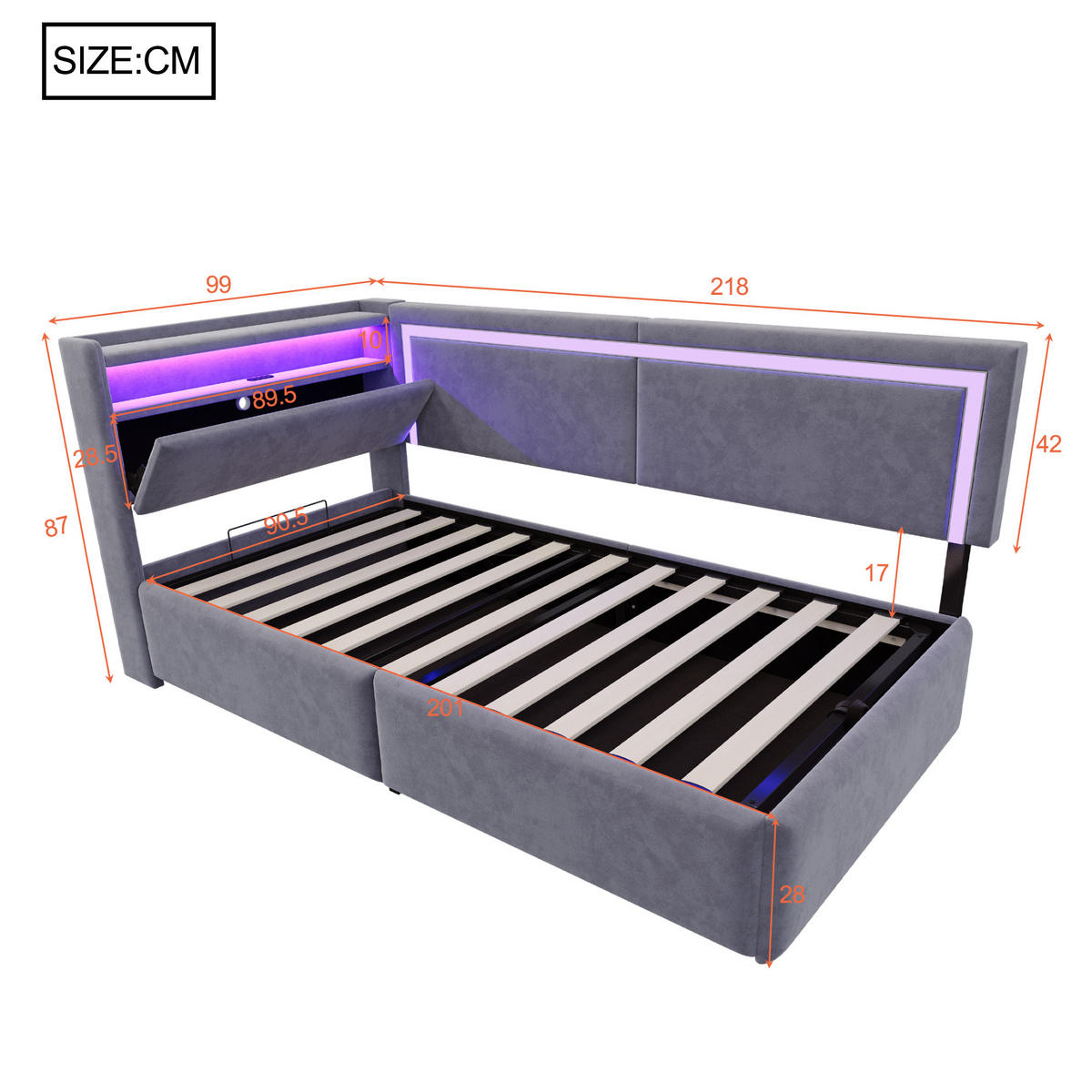 POLSTERBETT 90/200 cm grau aus Samt mit LED und USB Stauraum - Grau, Textil (90/200cm) - OKWISH