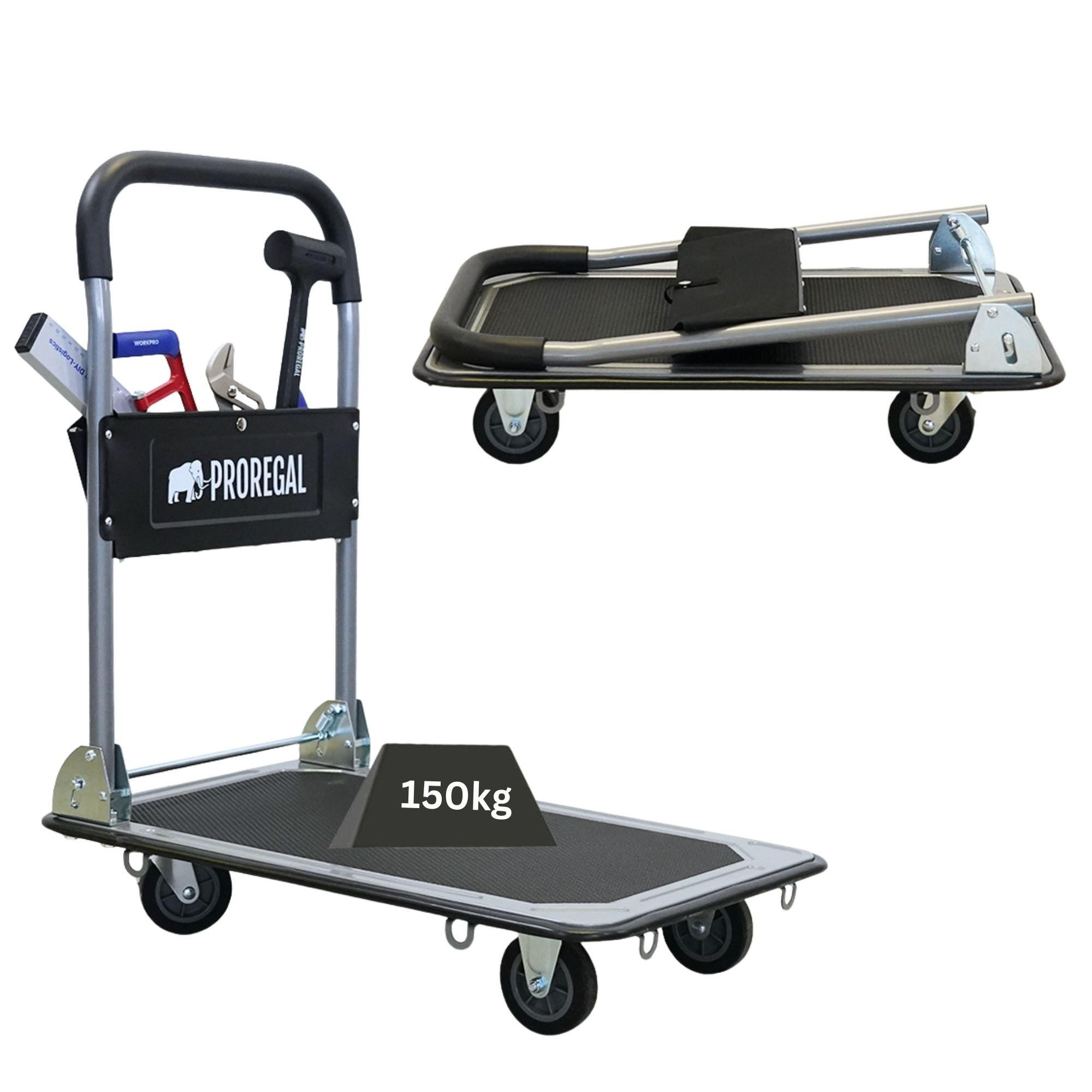 PLATTFORMWAGEN Transportwagen Rhino 150kg klappbar mit Gummiräder und Werkzeugtasche - Schwarz, Metall (73/47/83cm) - PROREGAL