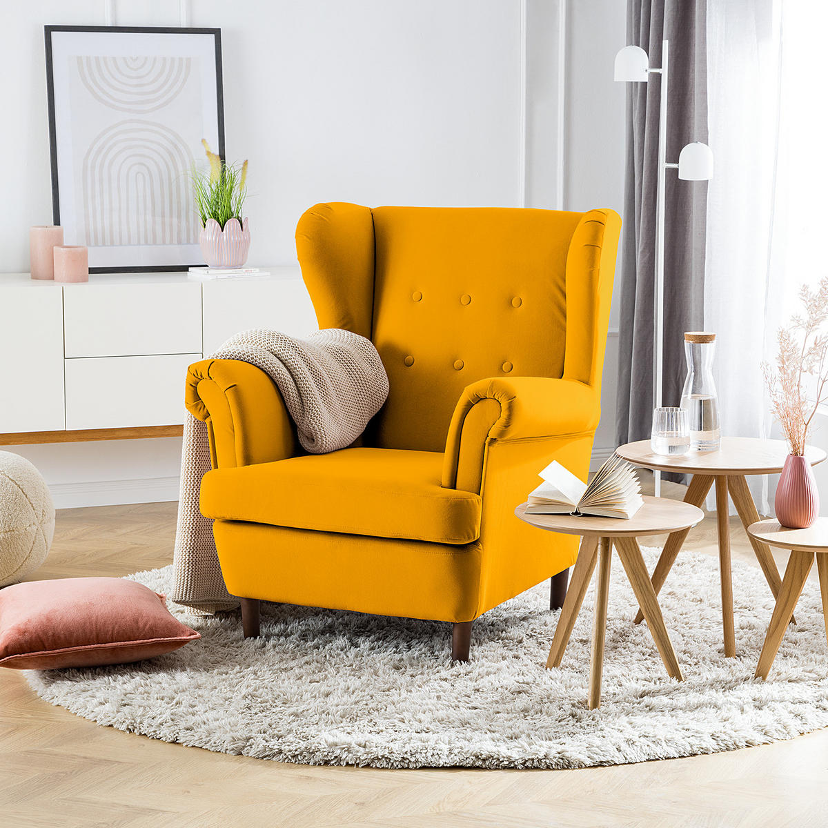 OHRENSESSEL - Dunkelbraun/Gelb, Textil (85/101/89cm) - home24