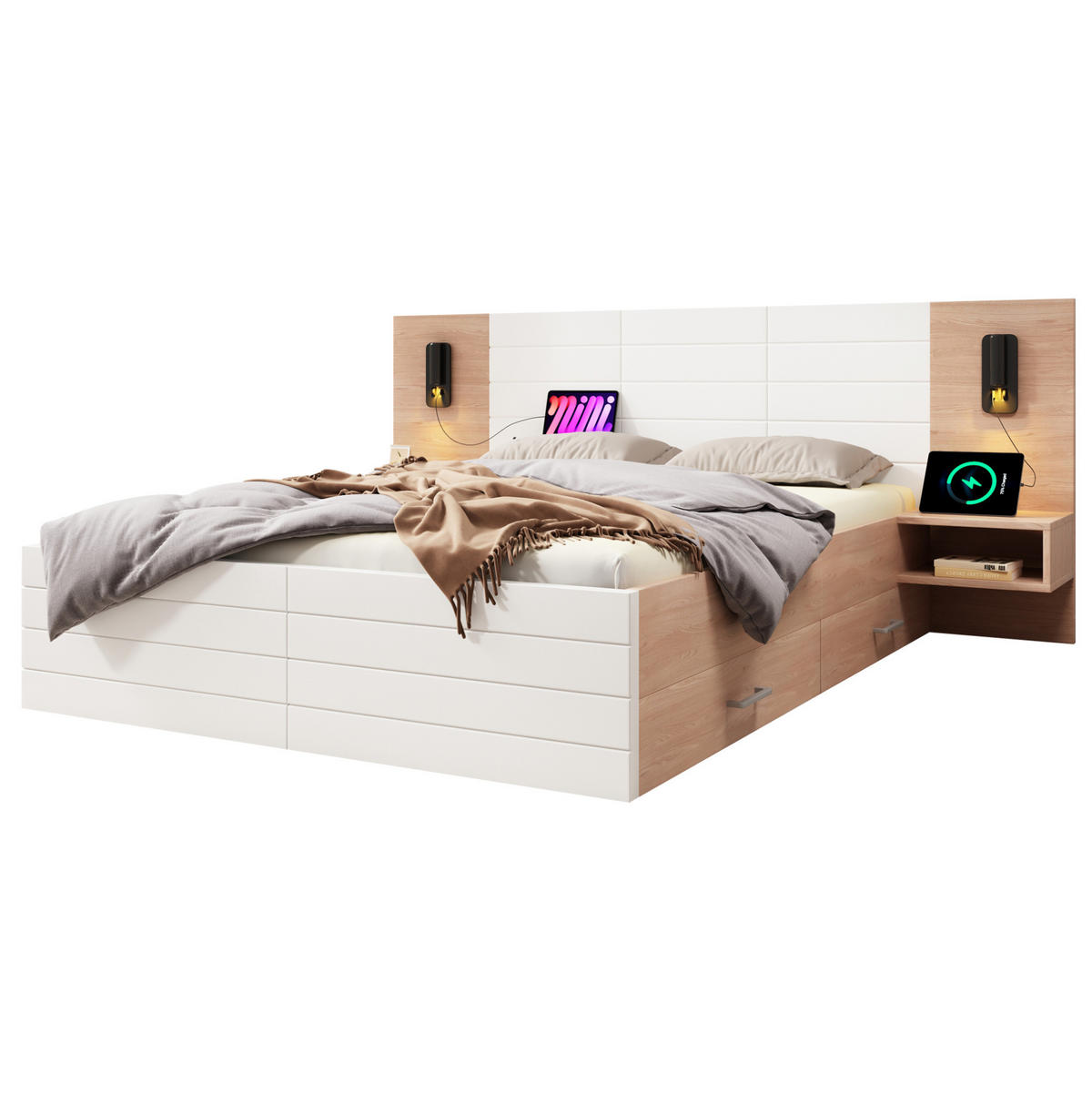 DOPPELBETT 180/200 cm Eiche und Weiß mit Leselicht und USB-Ladeanschluss - Weiß, Holzwerkstoff (180/200cm) - OKWISH