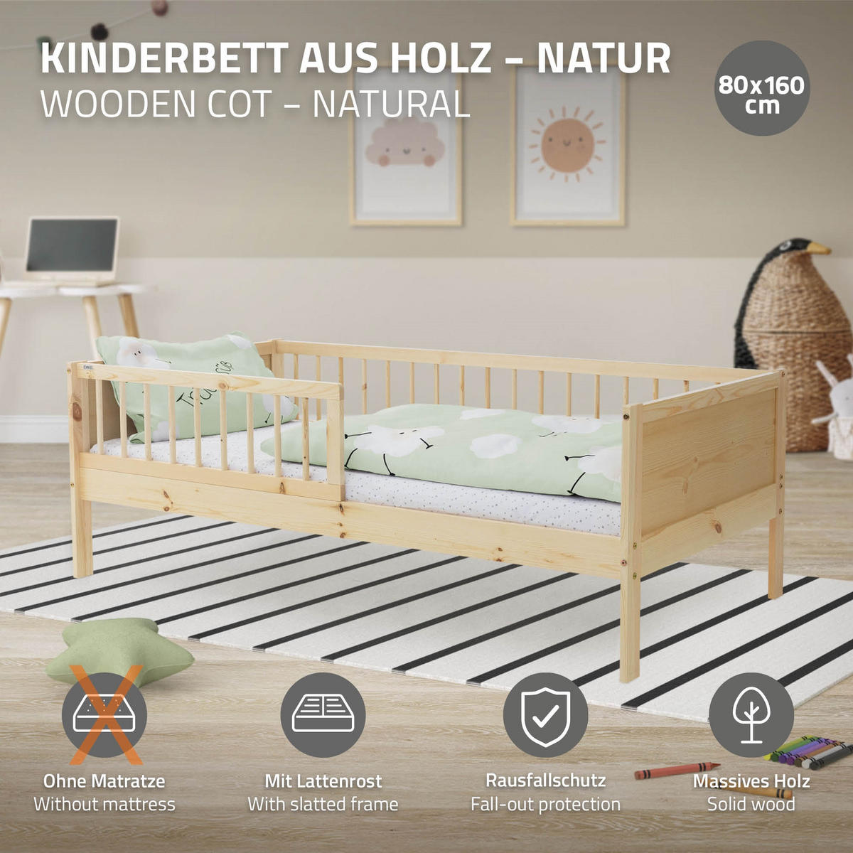 KINDERBETT 80x160 cm Natur - Naturfarben, Holz (80/160cm) - ML-DESIGN