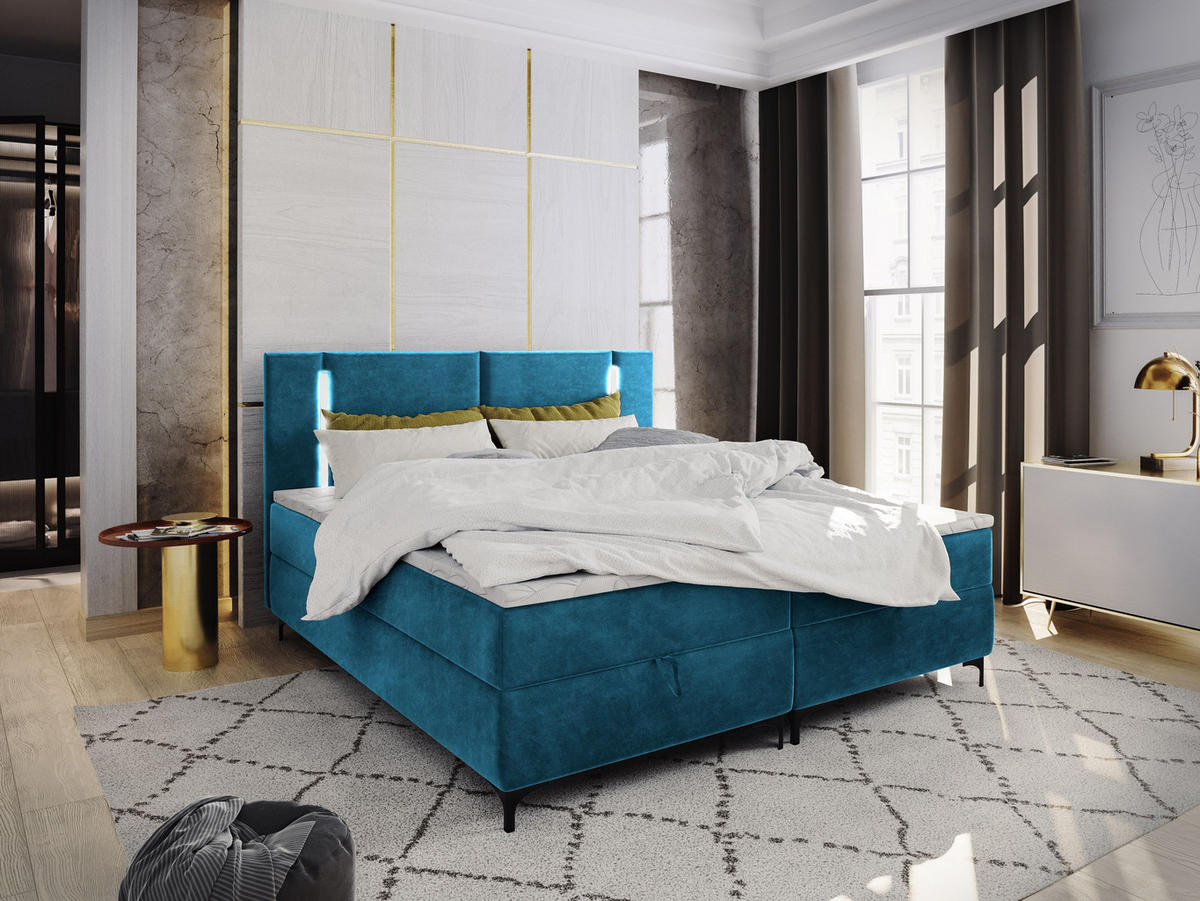 BOXBETT ALBA 160x200 cm mit Matratze und Topper - Blau - Blau, Holz (160/200cm) - MASSENO