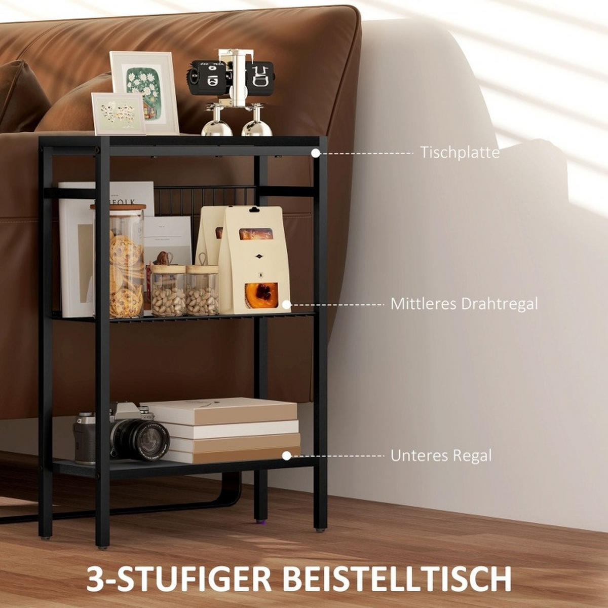 BEISTELLTISCH 43/18/62,5 cm mit 3 Ablagen und verstellbaren Füßen im Industrie-Design, Schwarz - Schwarz, Holzwerkstoff (43/18/62.5cm) - Redom