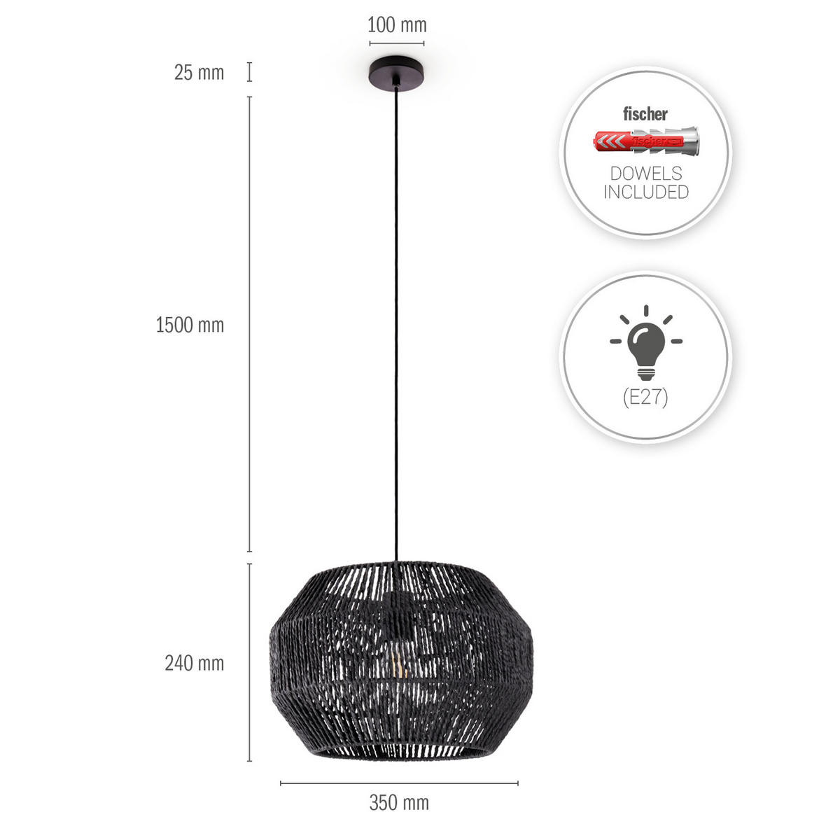 PENDELLEUCHTE Hugo Pd1 Yago - Schwarz, Metall (35/35/24cm) - Paco Home