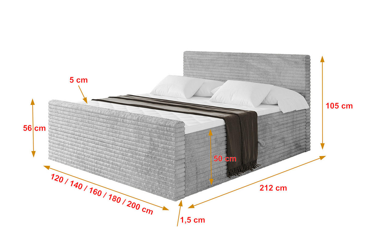 BOXBETT mit Matratze H4 und Lattenrost - TOLO-Z-v1 - 180x200 Cord - Hellgrau - Hellgrau, Holzwerkstoff (180/200cm)