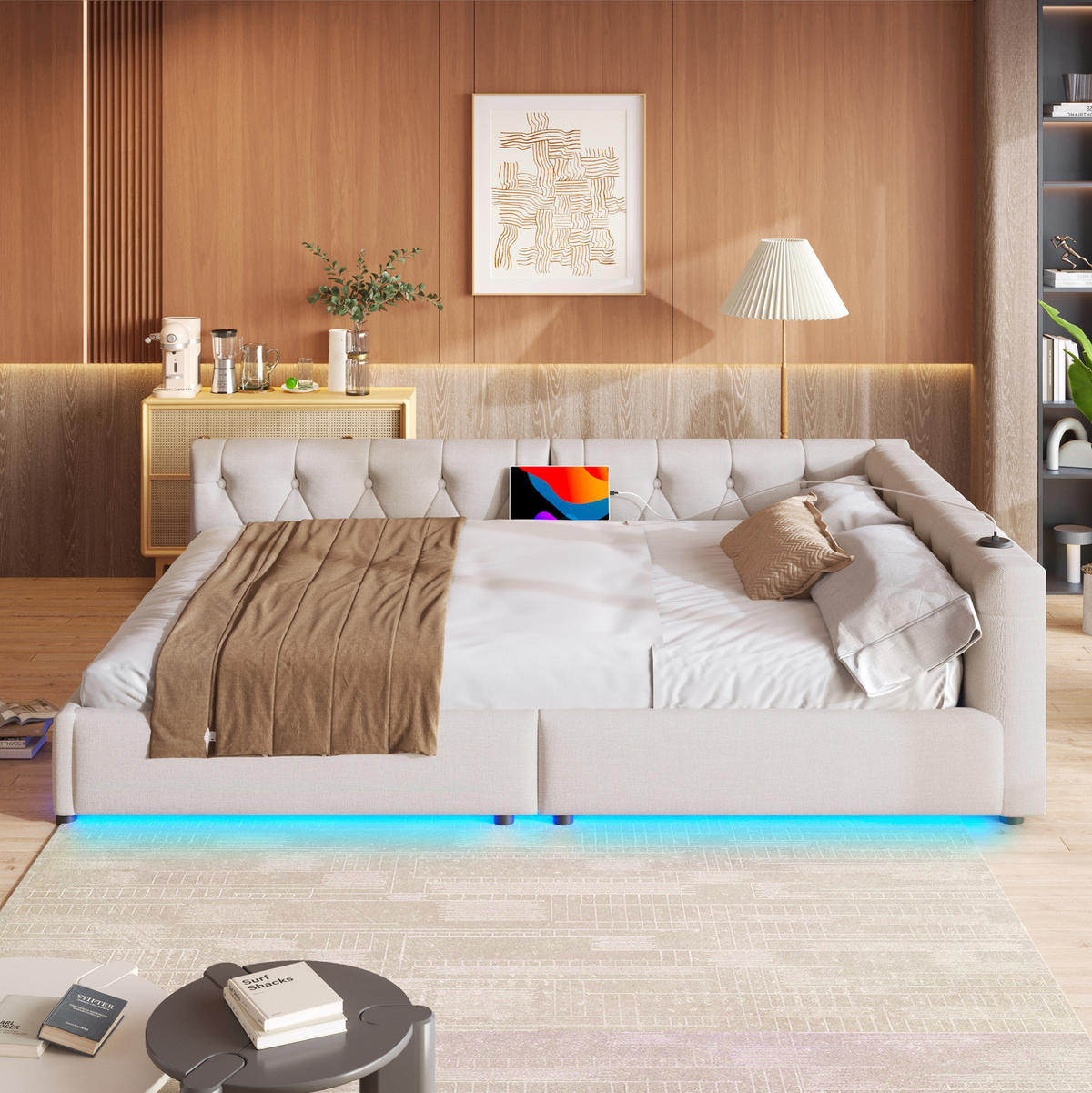POLSTERBETT 140/200 cm aus Leinen mit LED-Beleuchtung und USB- und Type-C-Anschlüssen - Beige, Textil (140/200cm) - Flora Grace