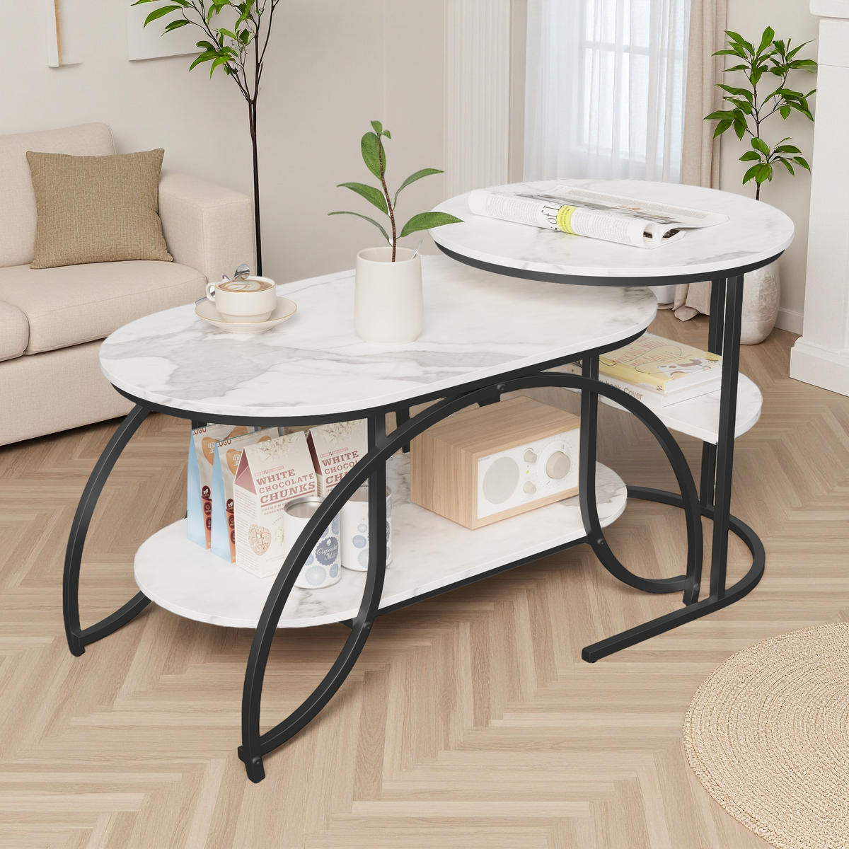 COUCHTISCH-SET Marmoroptik Weiß, Metallgestell Schwarz, 2er Set - Schwarz, Metall (80/46/51cm) - SHOPENTRA