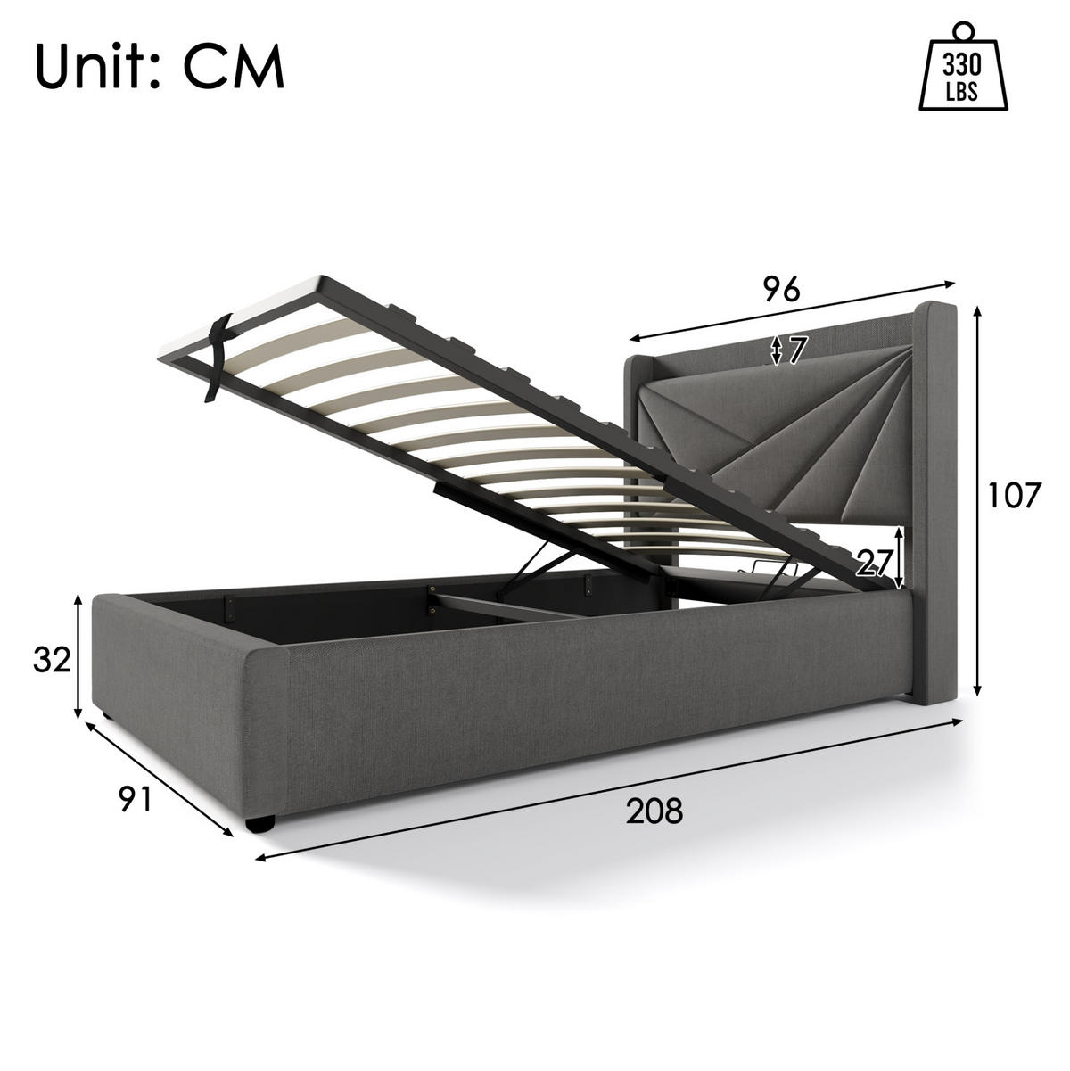 POLSTERBETT aus Baumwoll-Leinen 90x200 cm in Grau mit USB/Typ-C - Grau, Textil (90/200cm) - Modfu