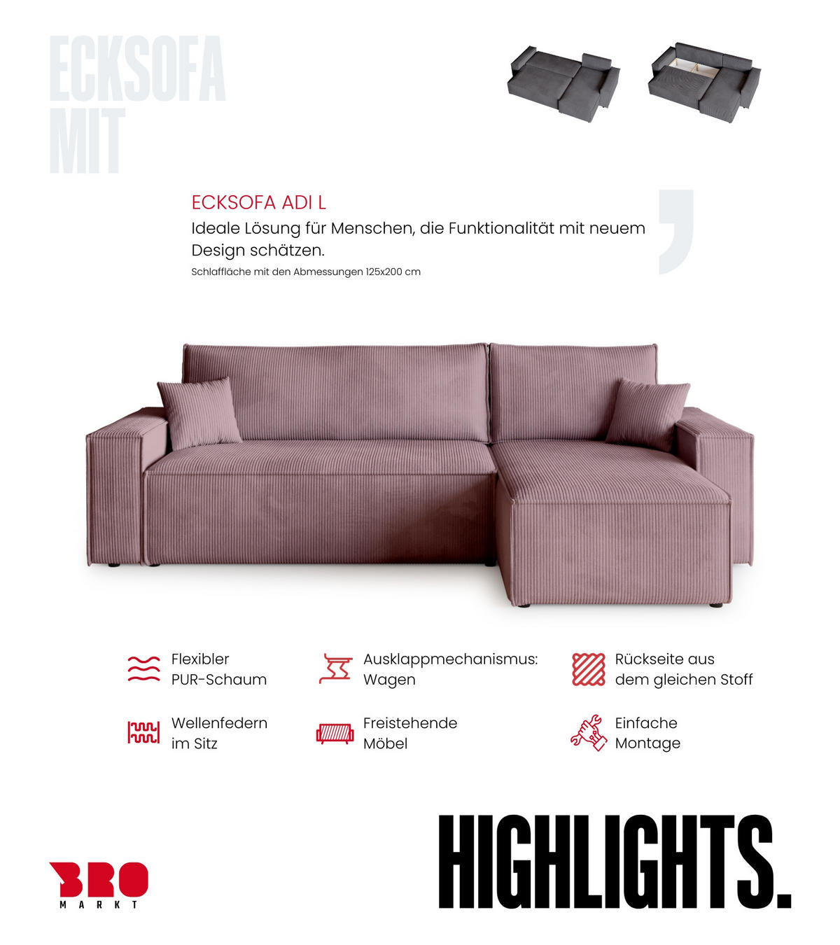 ECKSOFA ADI mit Schlaffunktion Hellgrau Cord - Hellgrau, Textil (244/143cm) - Bromarkt