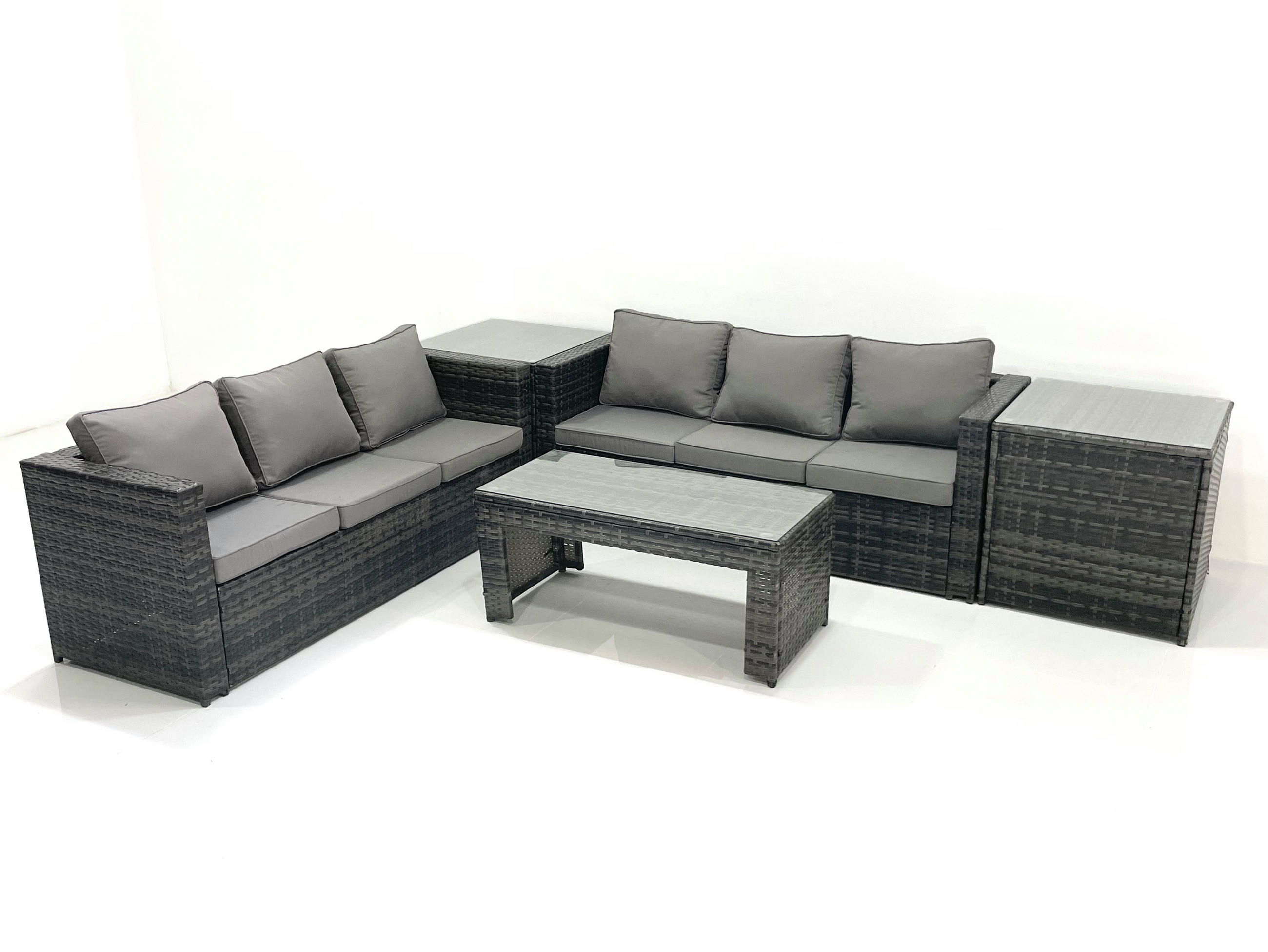 GARTENMÖBEL COUCHTISCH SET mit Sofa Polyrattan Outdoor 6-Sitzer - Dunkelgrau/Grau, Glas/Kunststoff - Fimous