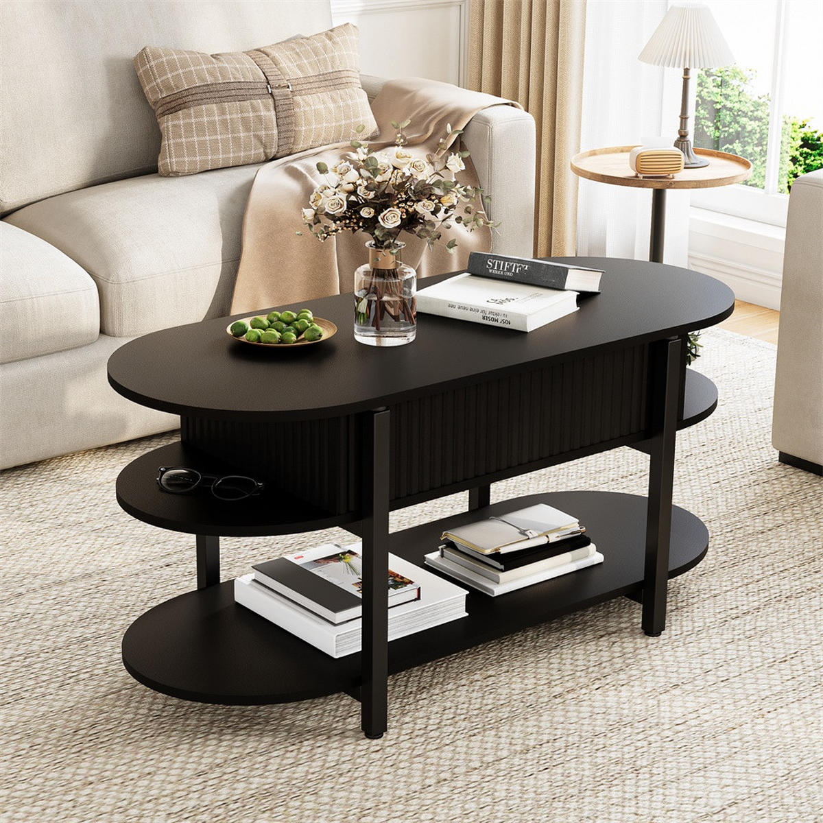 COUCHTISCH - Höhenverstellbarer Couchtisch - Ovaler Lift-Top Tisch mit Stauraum und schwarzen Beinen - Schwarz - Schwarz, Holzwerkstoff (45/106/50cm) - DELFA