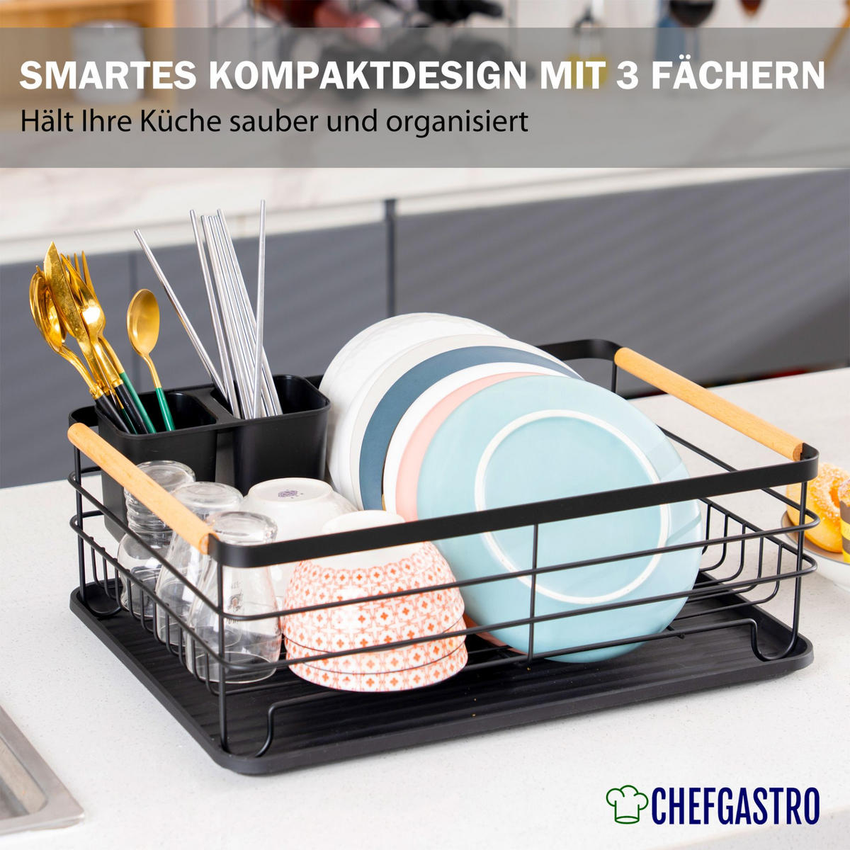 GESCHIRR-ABTROPFGESTELL 14x42x30cm Metall/Holz - Schwarz, Metall (42/14/30cm) - CHEFGASTRO