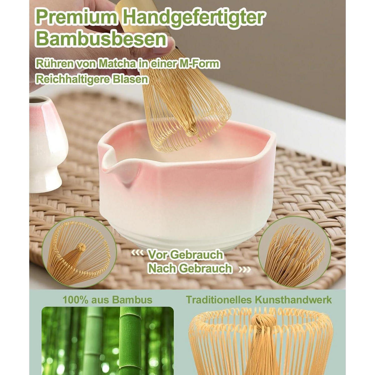 MATCHA Set 7-teiliges Set Keramikschale Bambusbesen Rosa - Rosa, Keramik (15/10/15cm)