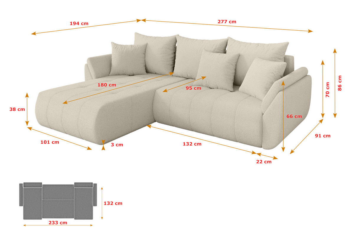 ROHOVÁ SEDAČKA s funkcí spaní, otoman vlevo TOKO-L 277x194x86 béžová bouclé - černá/písková barva, kompozitní dřevo/textil (277/194cm) - ALTDECOR