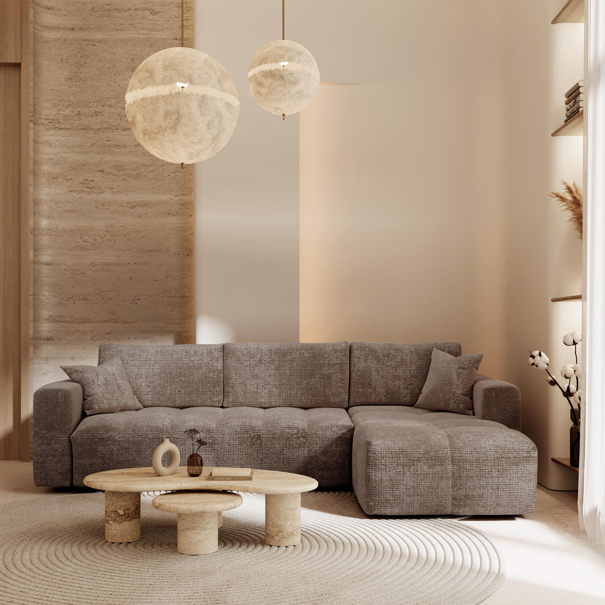 ECKSOFA rechtwinklig VIBE Geprägter Samt Taupe 286cm - Taupe, Textil (286/165cm) - Premium Interiors