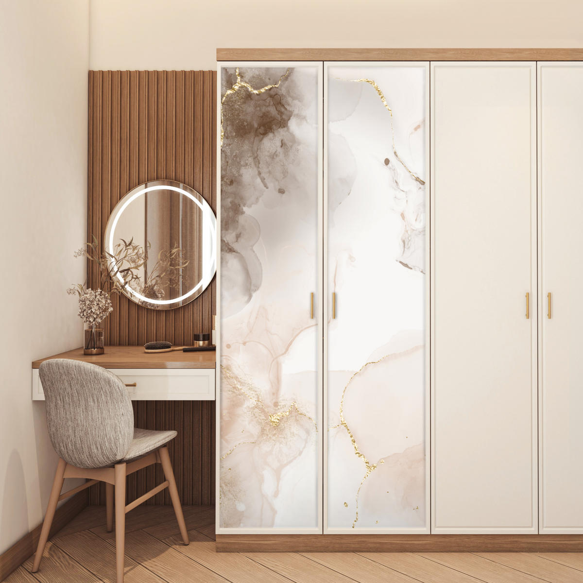 TÜRAUFKLEBER Selbstklebend - Marmor - Braun - Linie 80x205 cm - Türtapete - Champagner, Kunststoff (80/0.1cm) - MuchoWow