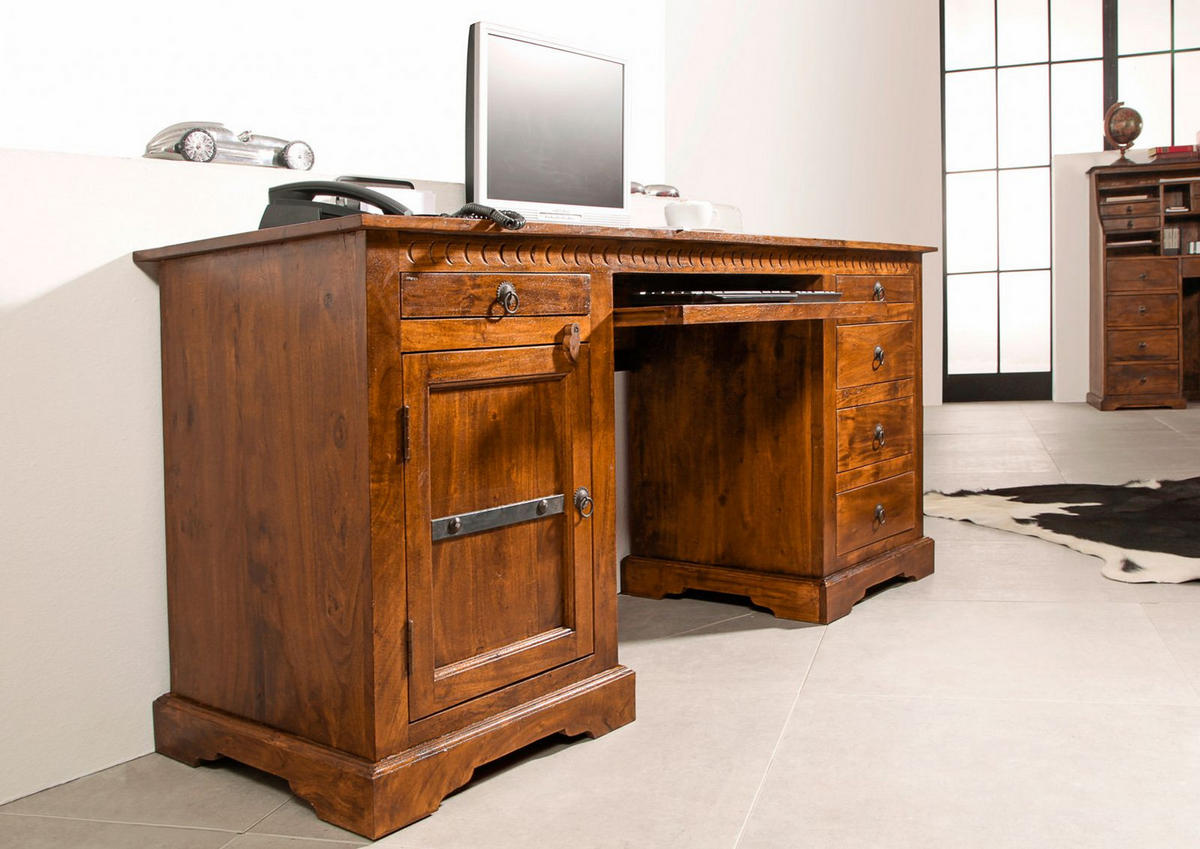 SCHREIBTISCH Akazie 158x54x76 honig lackiert OXFORD #0522 - Braun, Holz (54/158/76cm) - Massivmoebel24