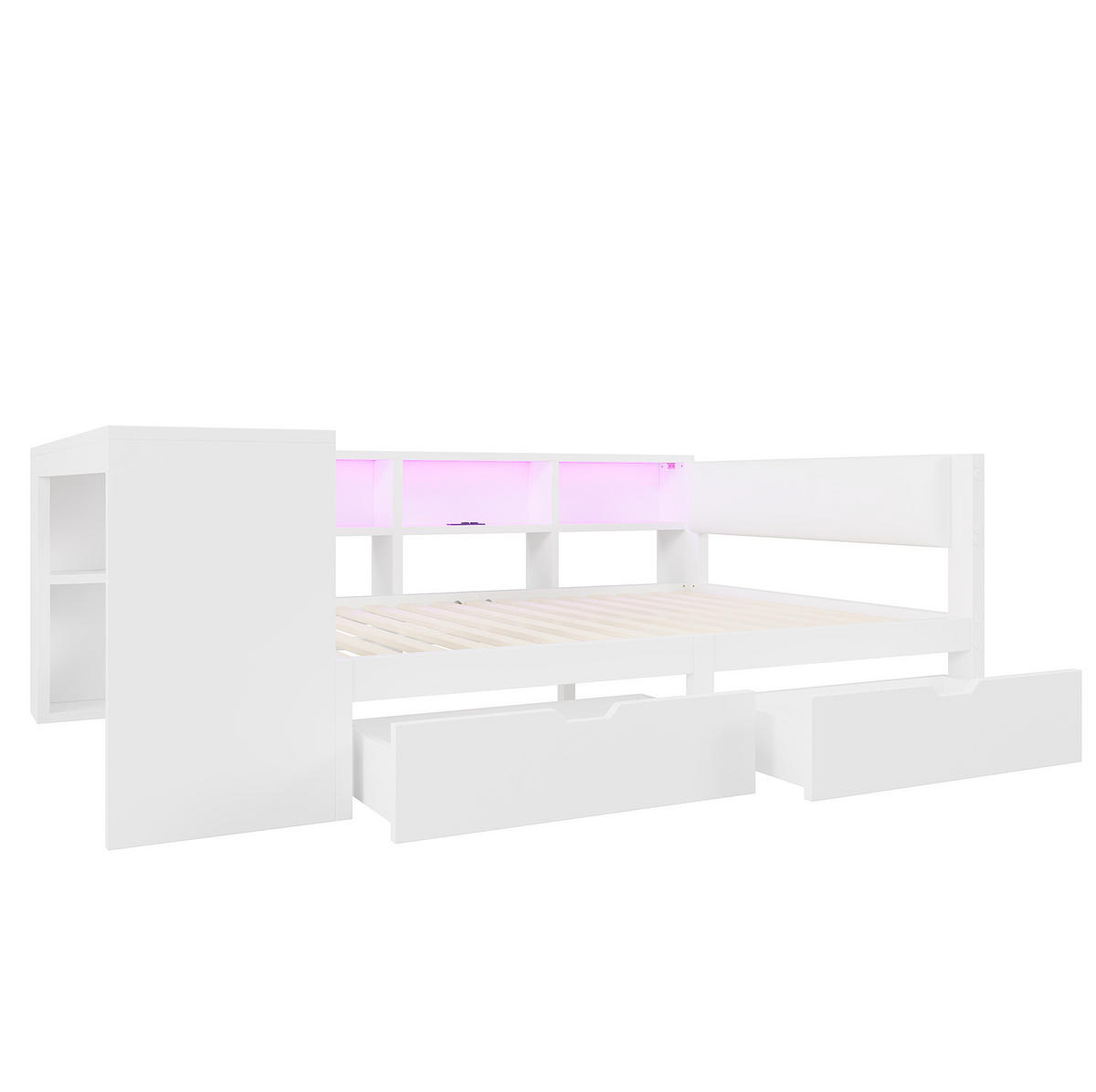 POLSTERBETT aus MDF und Sperrholz 140x200 cm Weiß mit USB-Ladestation, Schubladen, Ablagen und LED-Beleuchtung - Weiß, Holzwerkstoff (140/200cm) - Modfu