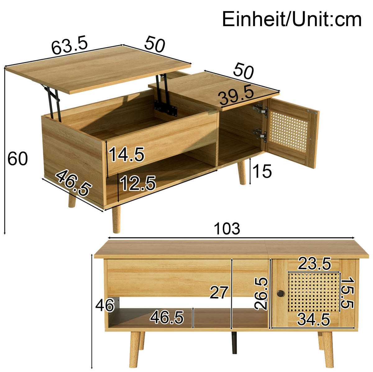 COUCHTISCH aus Spanplatte 103x50x46/60 cm in Naturfarben mit Liftfunktion - Naturfarben, Holzwerkstoff (103/50/60cm) - Modfu