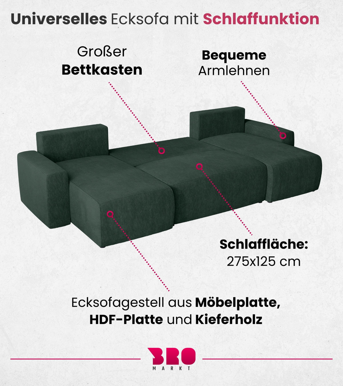 WOHNLANDSCHAFT Plush mit Schlaffunktion Grün Cord - Dunkelgrün, Kunststoff/Textil (315/72/145cm) - Bromarkt