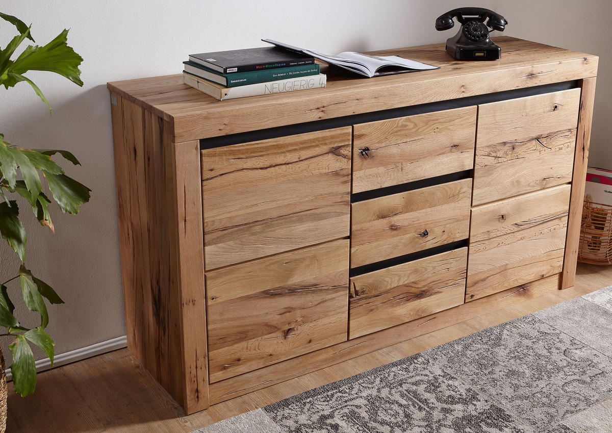 SIDEBOARD Wildeiche / Zerreiche 155x43x80 natur geölt MONTREUX #154 - Braun, Holz (155/80/43cm) - Massivmoebel24