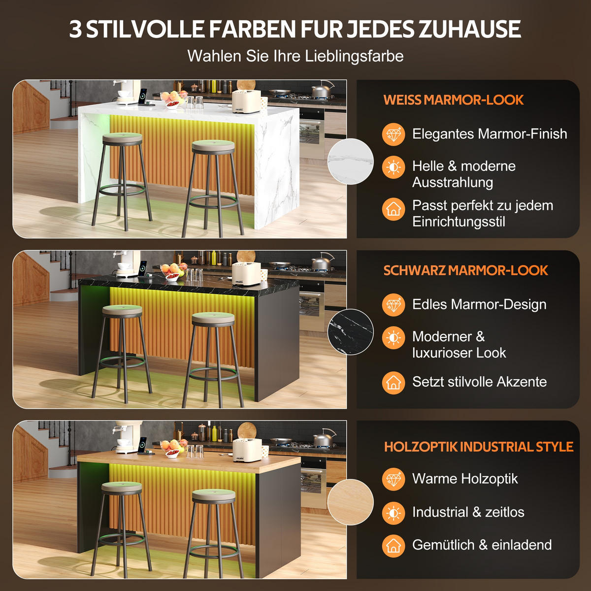 KÜCHENINSEL 155/80/90 cm Weiß mit LED-Leuchten, 2 Steckdosen und 2 USB-Anschlüsse - Weiß, Holz/Holzwerkstoff (80/90/155cm) - Oxeza