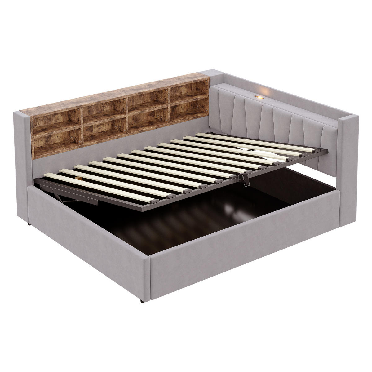SCHLAFSOFA 140/200 cm in Hellgrau Samt mit Stauraum, LED und USB - Hellgrau, Holzwerkstoff/Textil (140/200cm) - WISHDOR