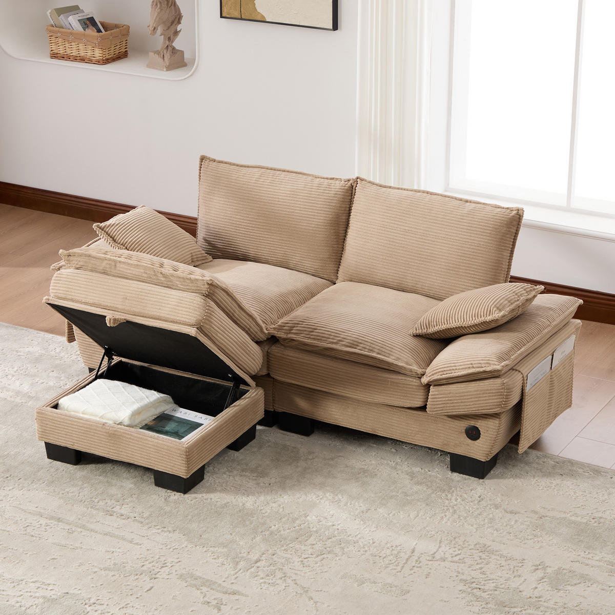 2-SITZER Sofa aus Corduroy 190x132x84 cm mit Hocker & USB-C, beige - Beige, Textil (132/84/190cm)