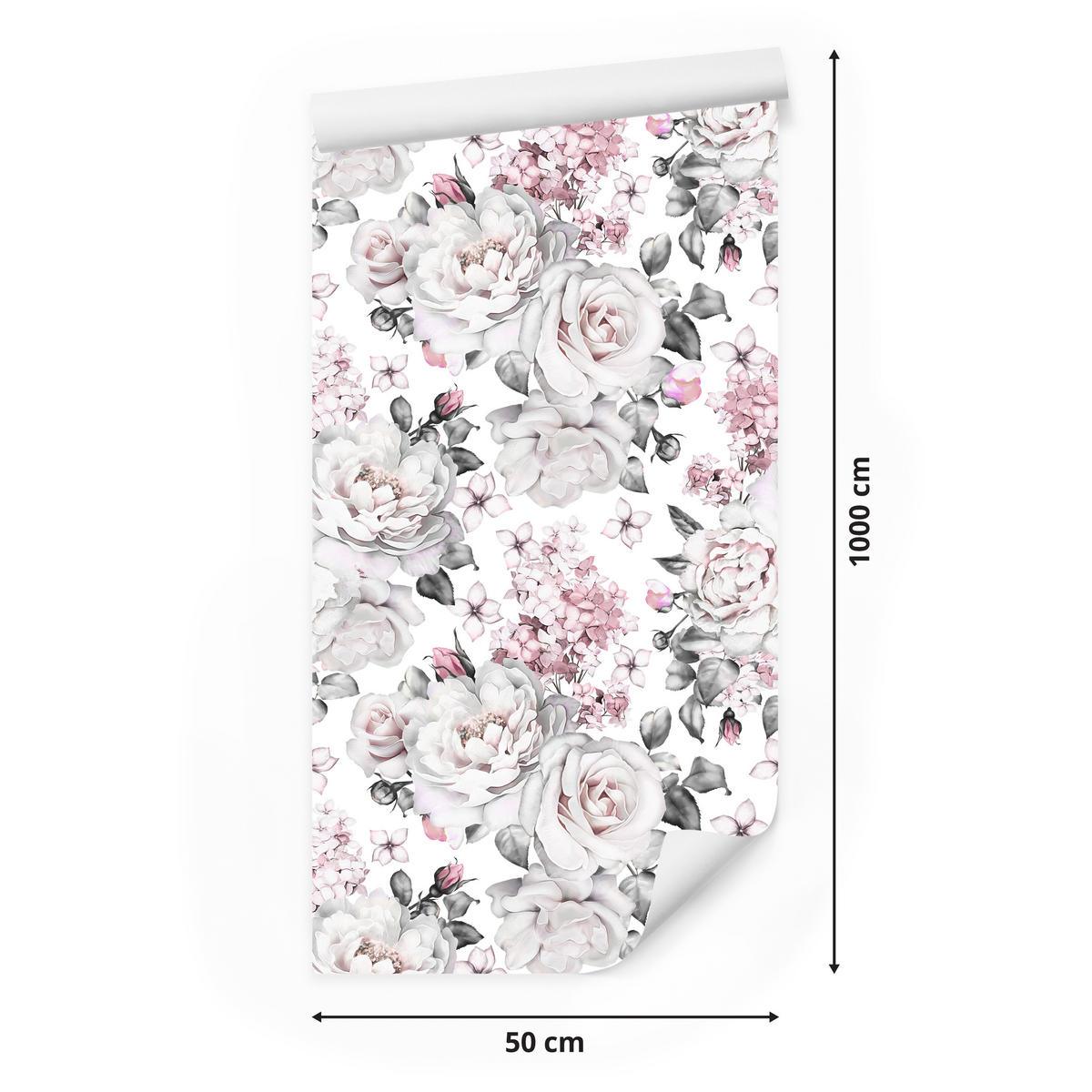 VLIESTAPETE Pastellrosen und Pfingstrosen – Rosa, Grau, Weiß – 50x1000 cm - Rosa/Weiß, Papier (50/1000cm) - Muralo