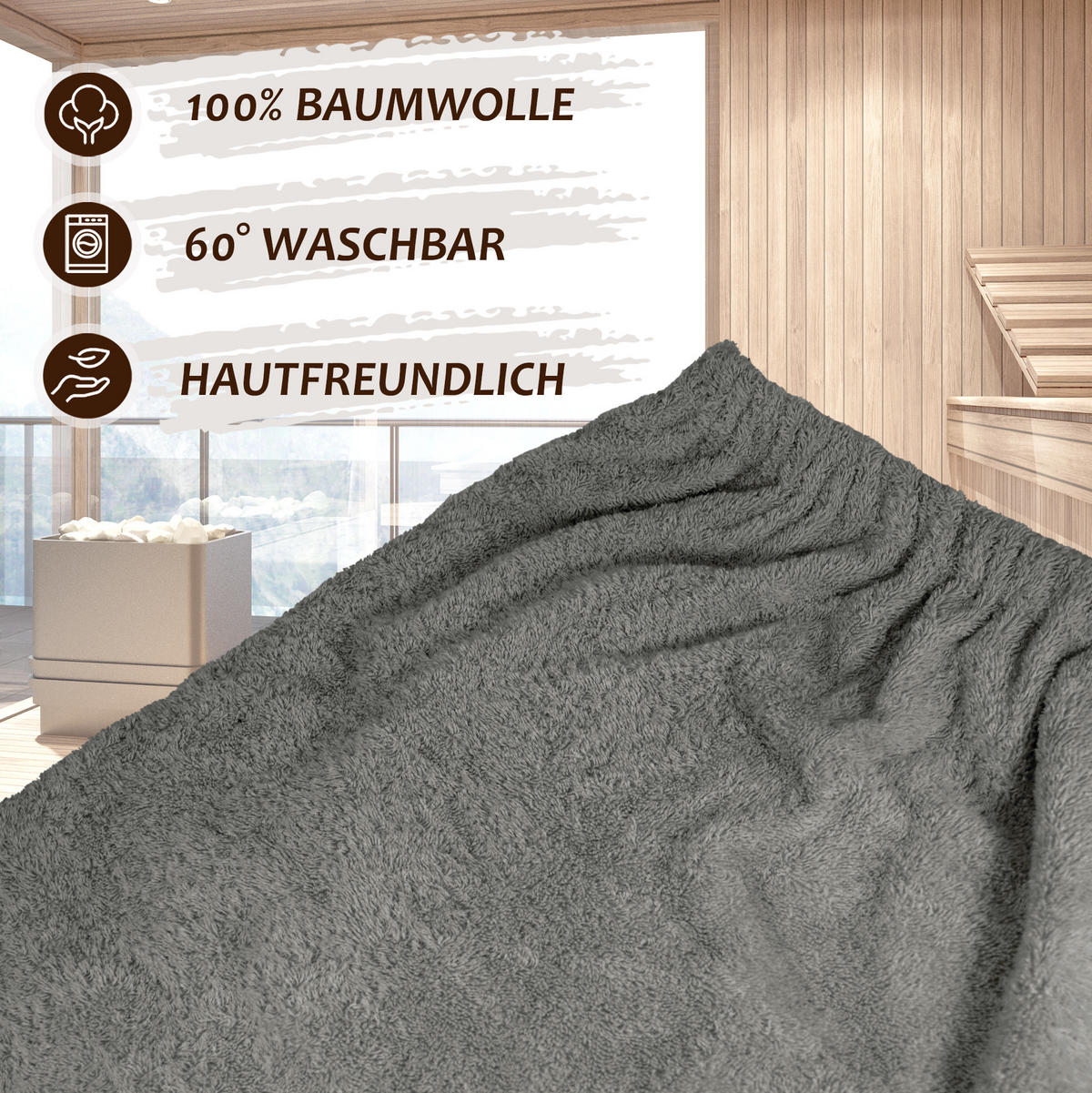 SAUNAKILT Herren Grau, Lima Saunahandtuch mit Klettverschluss - Dunkelgrau, Textil (140/55cm) - Lashuma