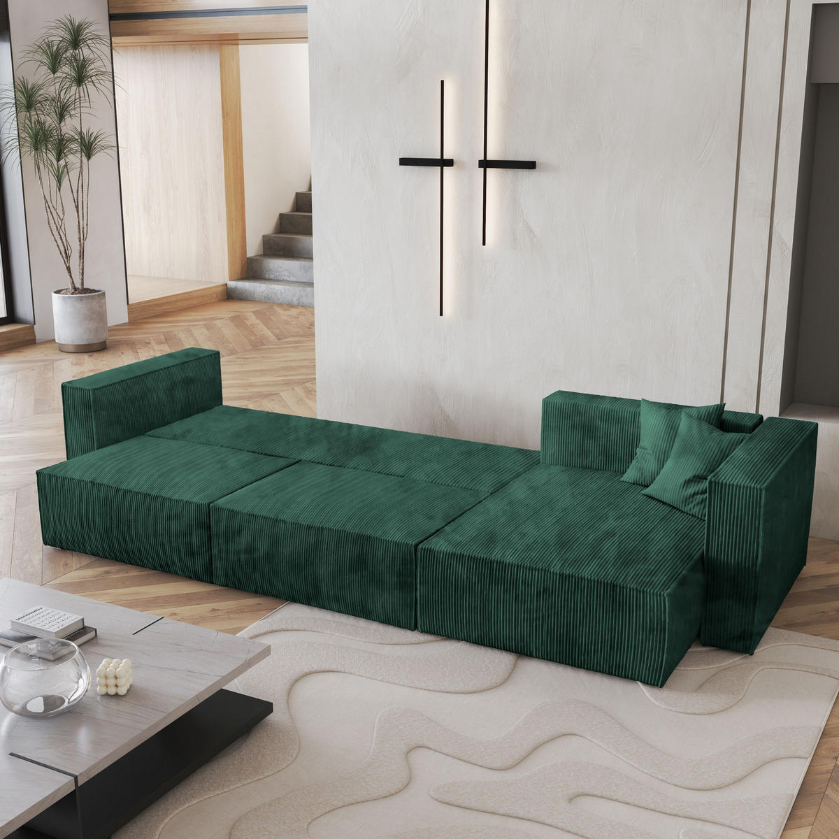 ECKSOFA TOLMO P Grün Kordstoff mit Schlaffunktion - Grün, Holz (347/148cm) - MASSENO