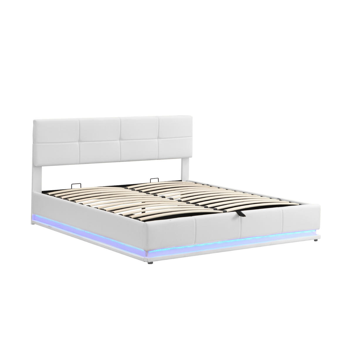 POLSTERBETT 180/200 cm weiß LED-Beleuchtung mit hydraulisch anhebarem Bettkasten - Weiß, Textil (180/200cm) - OKWISH