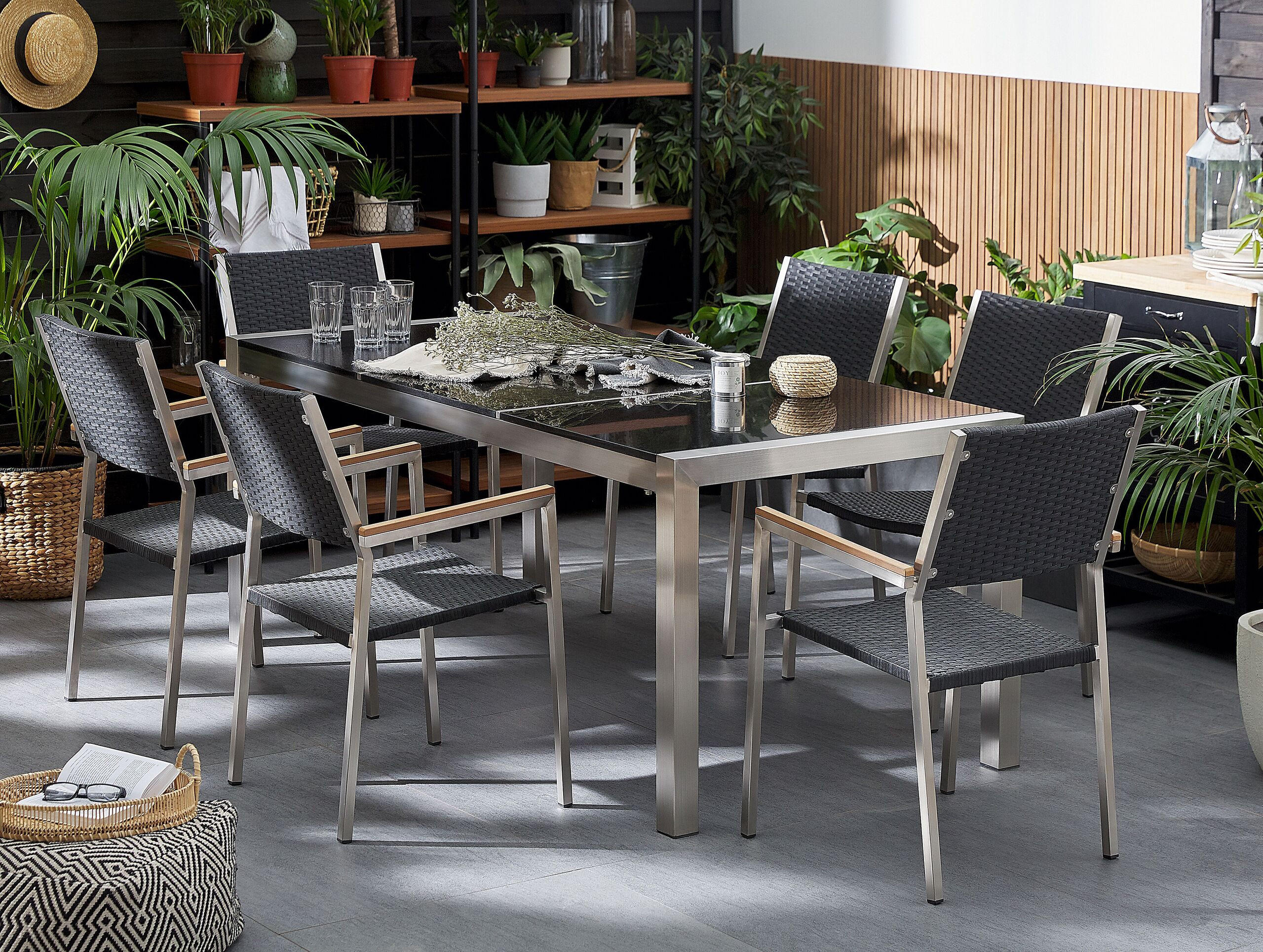 GARTENMÖBEL SET 6-Sitzer Naturstein schwarz poliert Rattan Grosseto - Silberfarben/Schwarz, Metall - Beliani