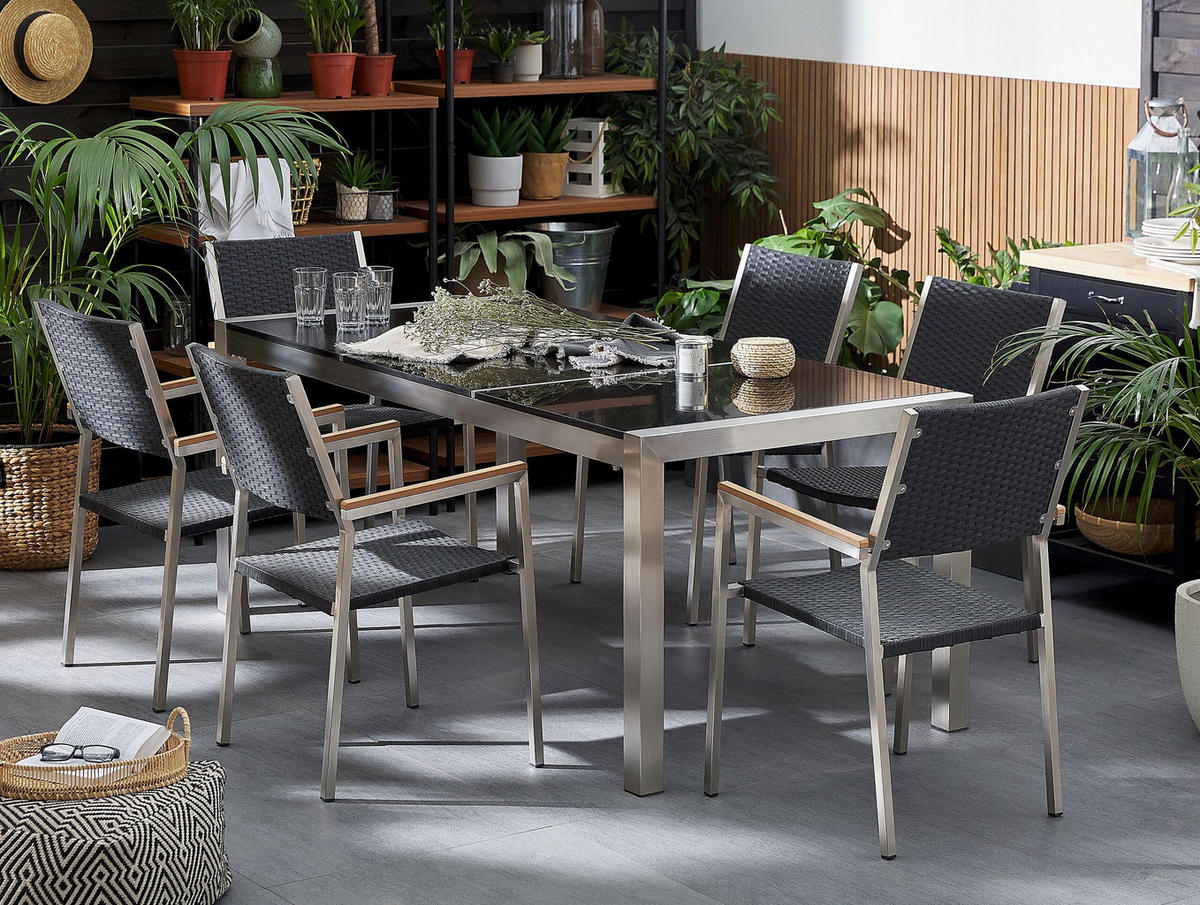 GARTENMÖBEL SET 6-Sitzer Naturstein schwarz poliert Rattan Grosseto - Silberfarben/Schwarz, Metall - Beliani