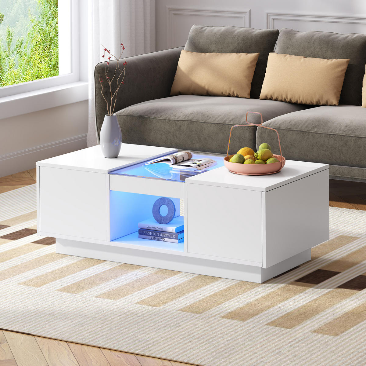 COUCHTISCH 100/50/35,5 cm mit LED-Beleuchtung, App-Steuerung, Glasplatte und 2 Schubladen, Weiß - Weiß, Holzwerkstoff (100/50/35.5cm) - Redom