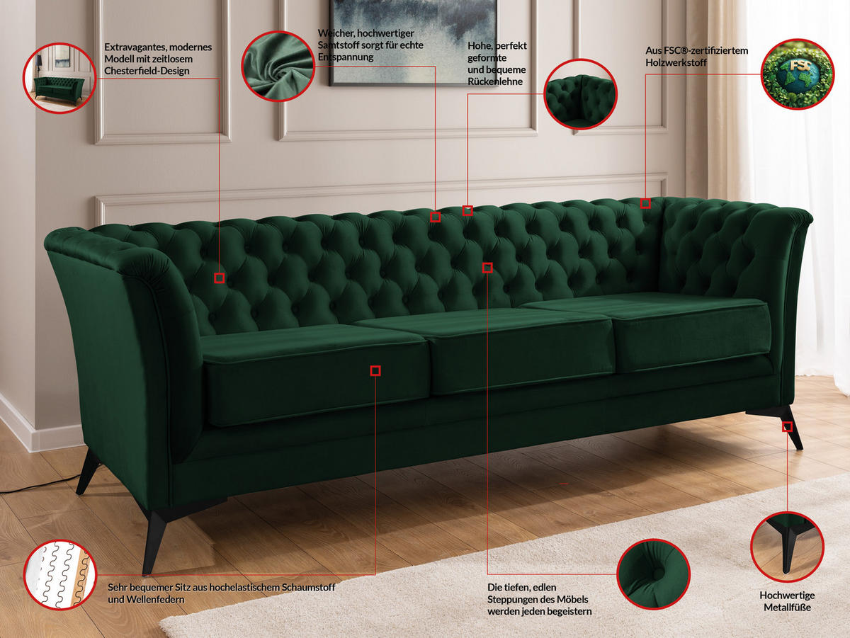 SITZGARNITUR 3+2+1 Chesterfield Whitby Flaschengrün Samt mit schwarzen Füßen - Dunkelgrün/Schwarz, Holz/Textil (237/78/82cm) - S-Style Möbel