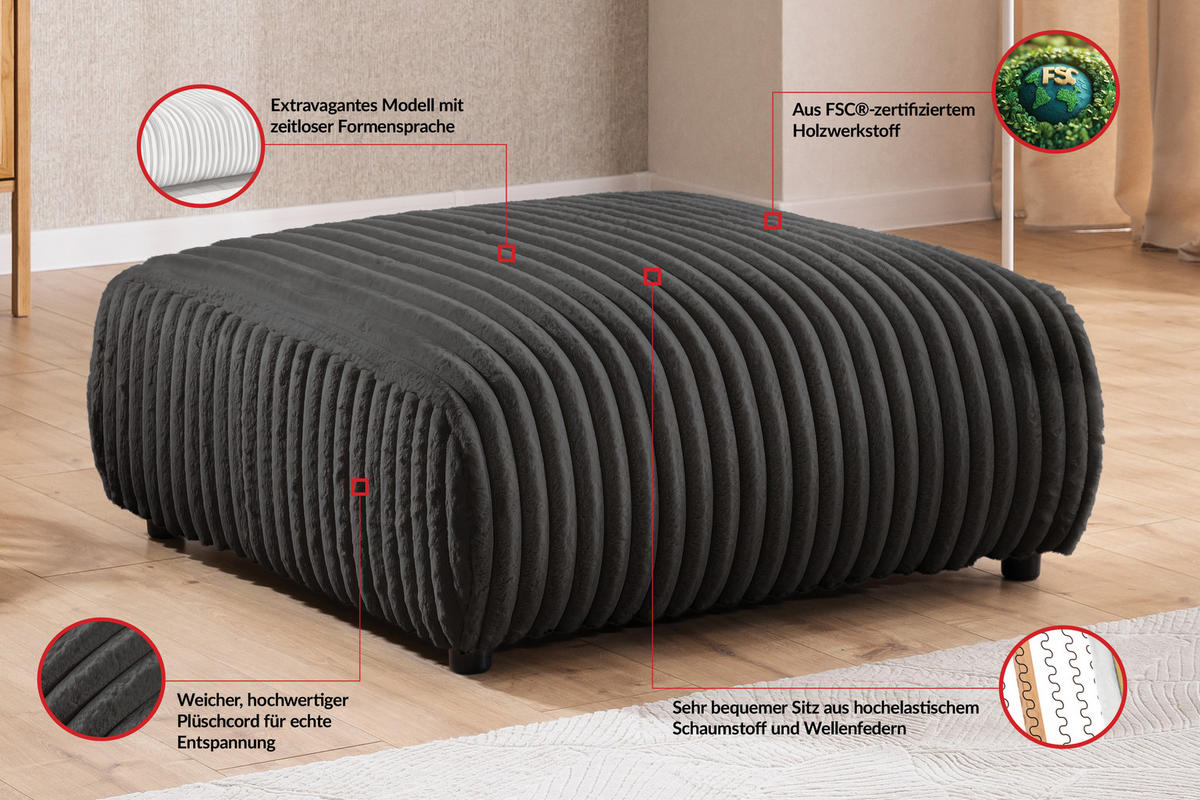 HOCKER Mollis Dunkelgrau Plüschcord - Dunkelgrau/Schwarz, Holz/Kunststoff (88/39/88cm) - S-Style Möbel
