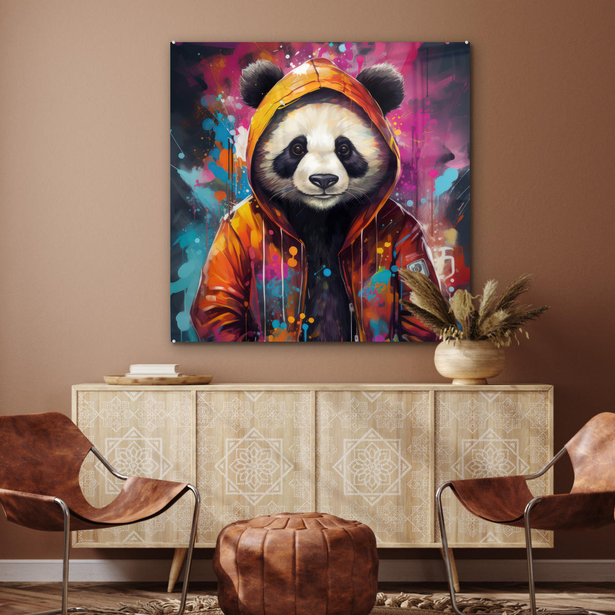 ACRYLGLASBILD Panda - Jacke - Graffiti - Orange 90x90 cm - Orange, Glas (90/90cm) - MuchoWow