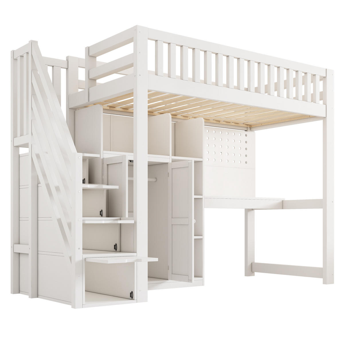 HOCHBETT 90/200 cm aus Holz mit Schreibtisch, Leiterschrank, Kleiderschrank und USB/Typ-C, Weiß - Weiß, Holzwerkstoff (90/200cm) - Redom