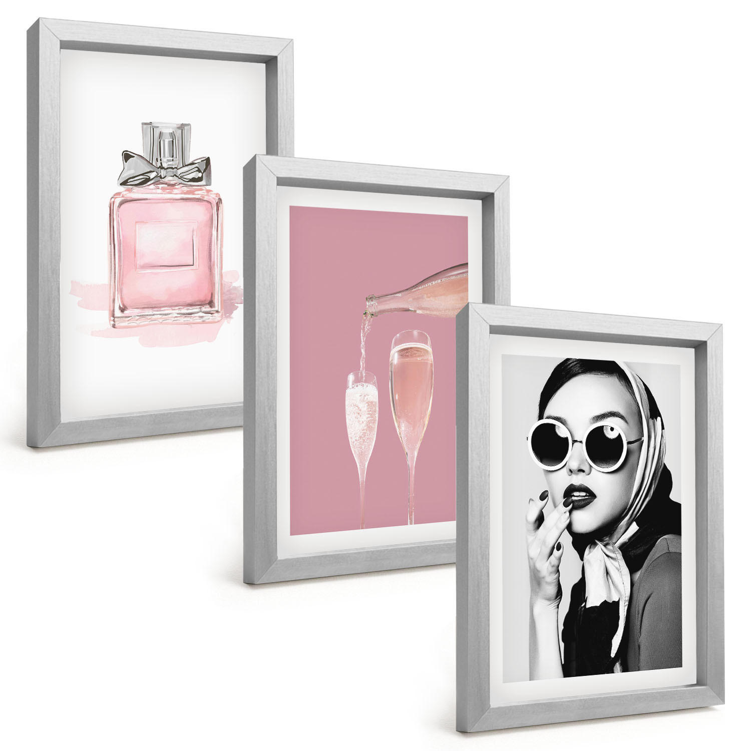 BILDER SET 3er Set - 20x30 cm Silberner Rahmen - Stilvolle pinkfarbene Accessoires - Silberfarben, Kunststoff (20/30cm) - TULUP