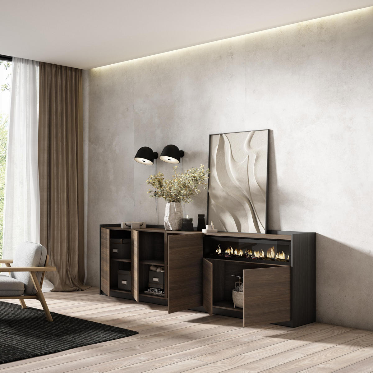 SIDEBOARD, Dunkler Eiche und Schwarz, Elektrokamin, 260/37/80cm - Dunkelbraun, Holzwerkstoff (260/80/37cm) - Skraut Home