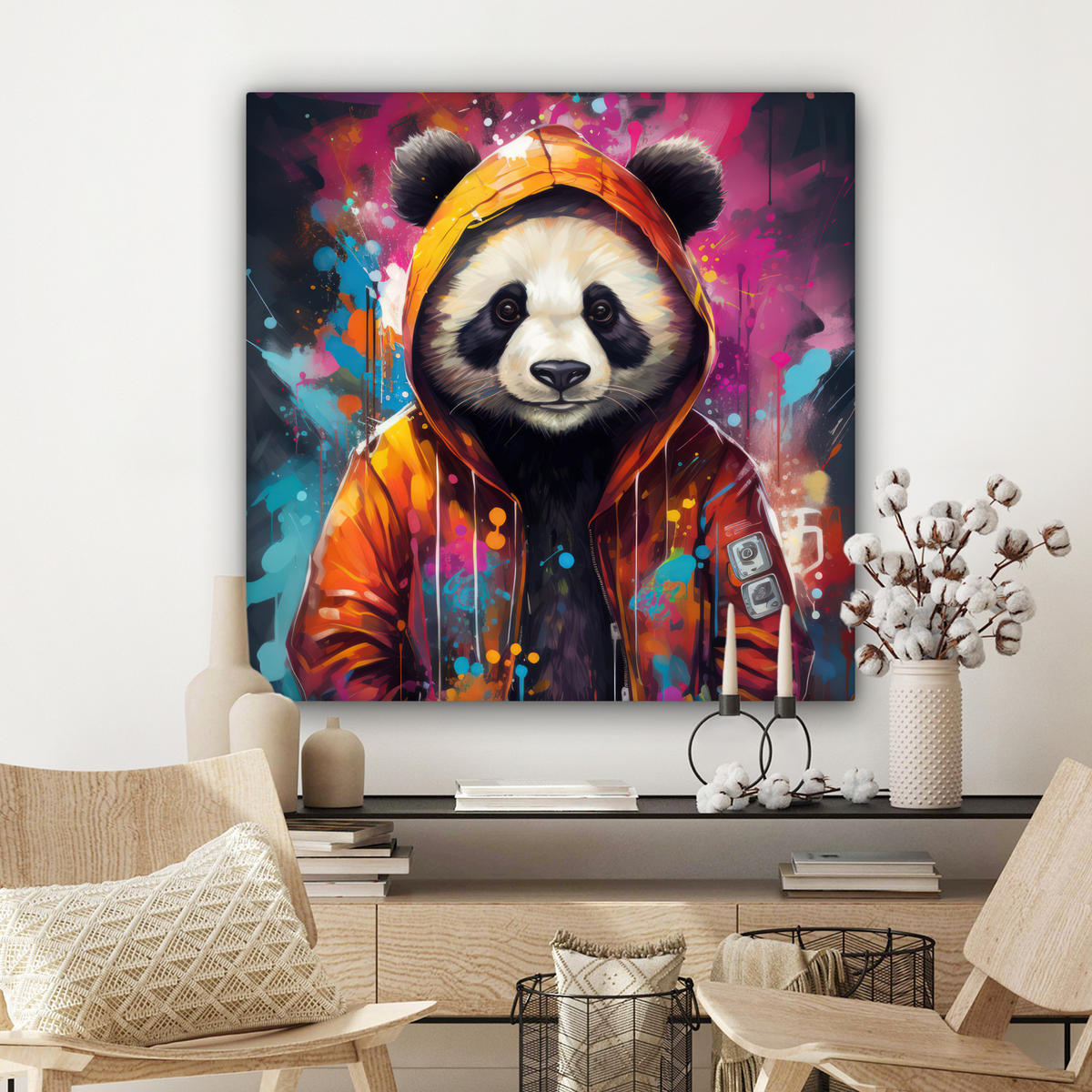 LEINWANDBILD Panda - Jacke - Graffiti - Orange Deko Groß 90x90 cm - Orange, Textil (90/90cm) - MuchoWow