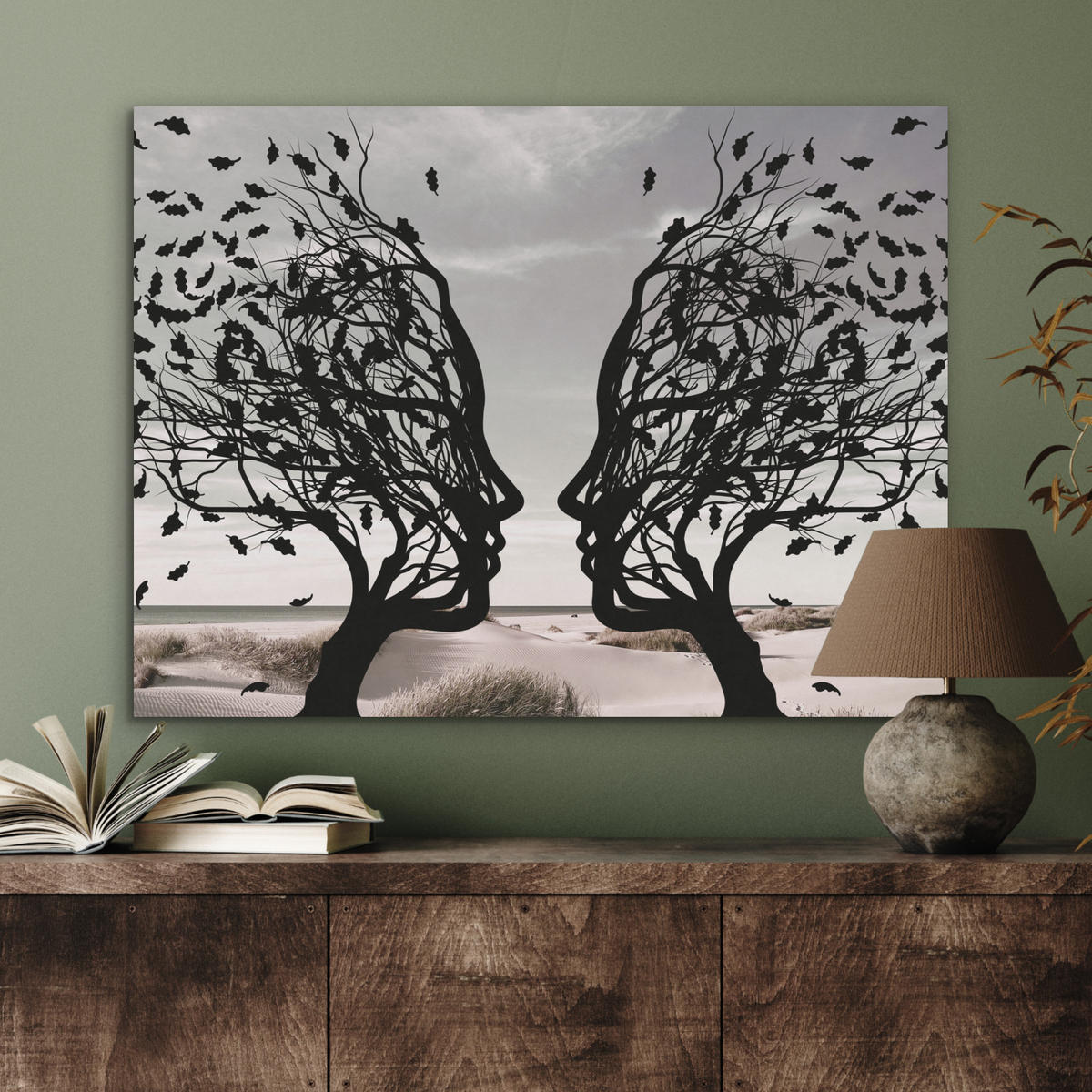 AKUSTIKPANEEL Strand - Meer - Menschen - Baum - Moderne Kunst 80x60 cm - Hellgrau, Textil (80/0.9/60cm) - MuchoWow