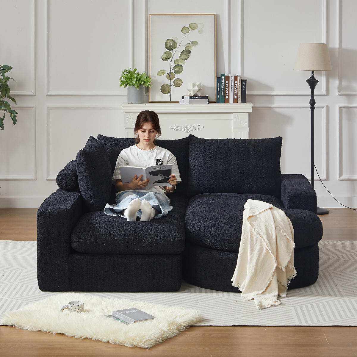 SCHLAFSOFA aus Chenille mit Liegestuhl, montagefrei - Schwarz, Textil (251/81/160cm)